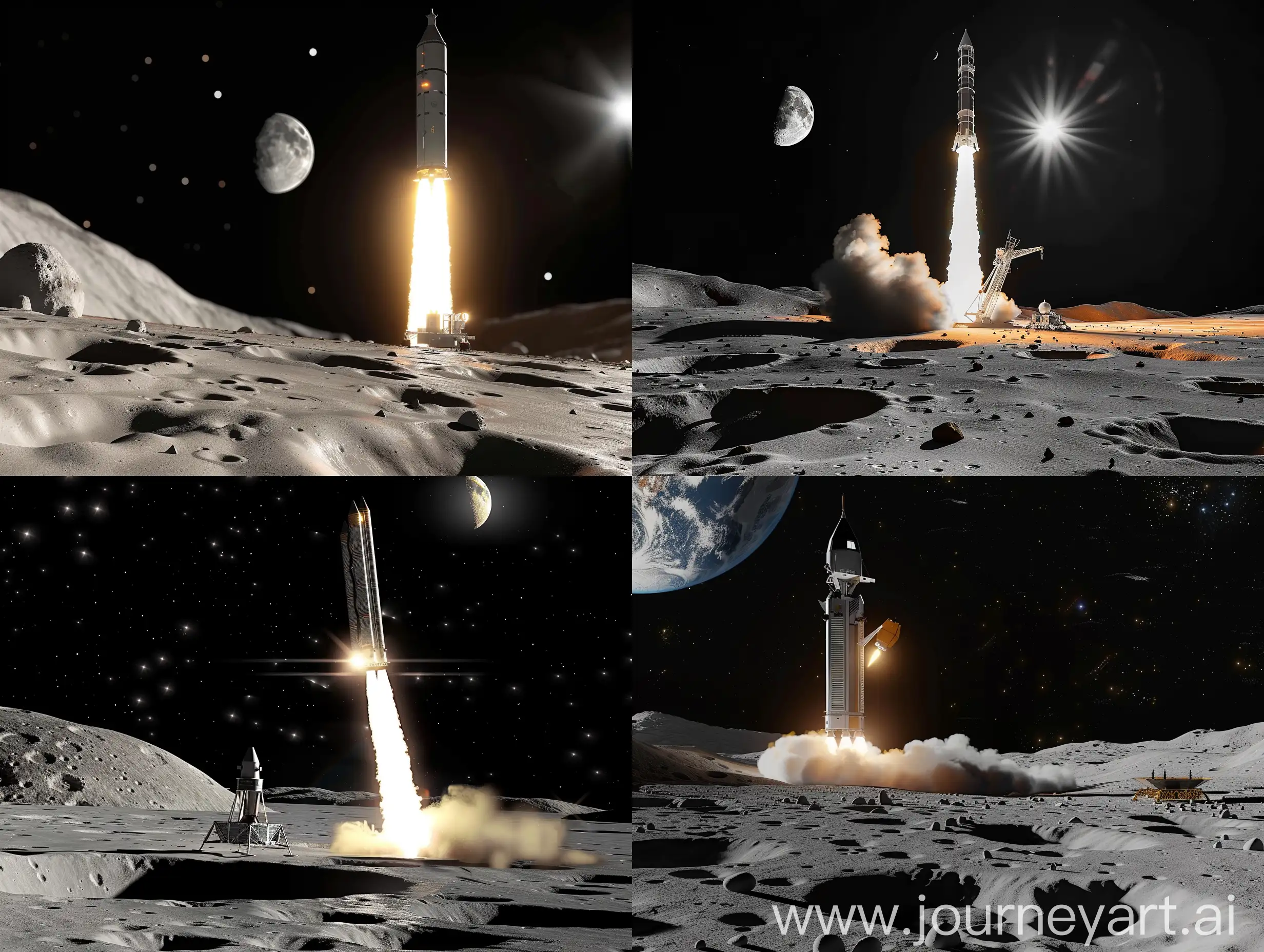visualize the image showing GLSV MK-III Launch from earth to moon with vikram lander on moon