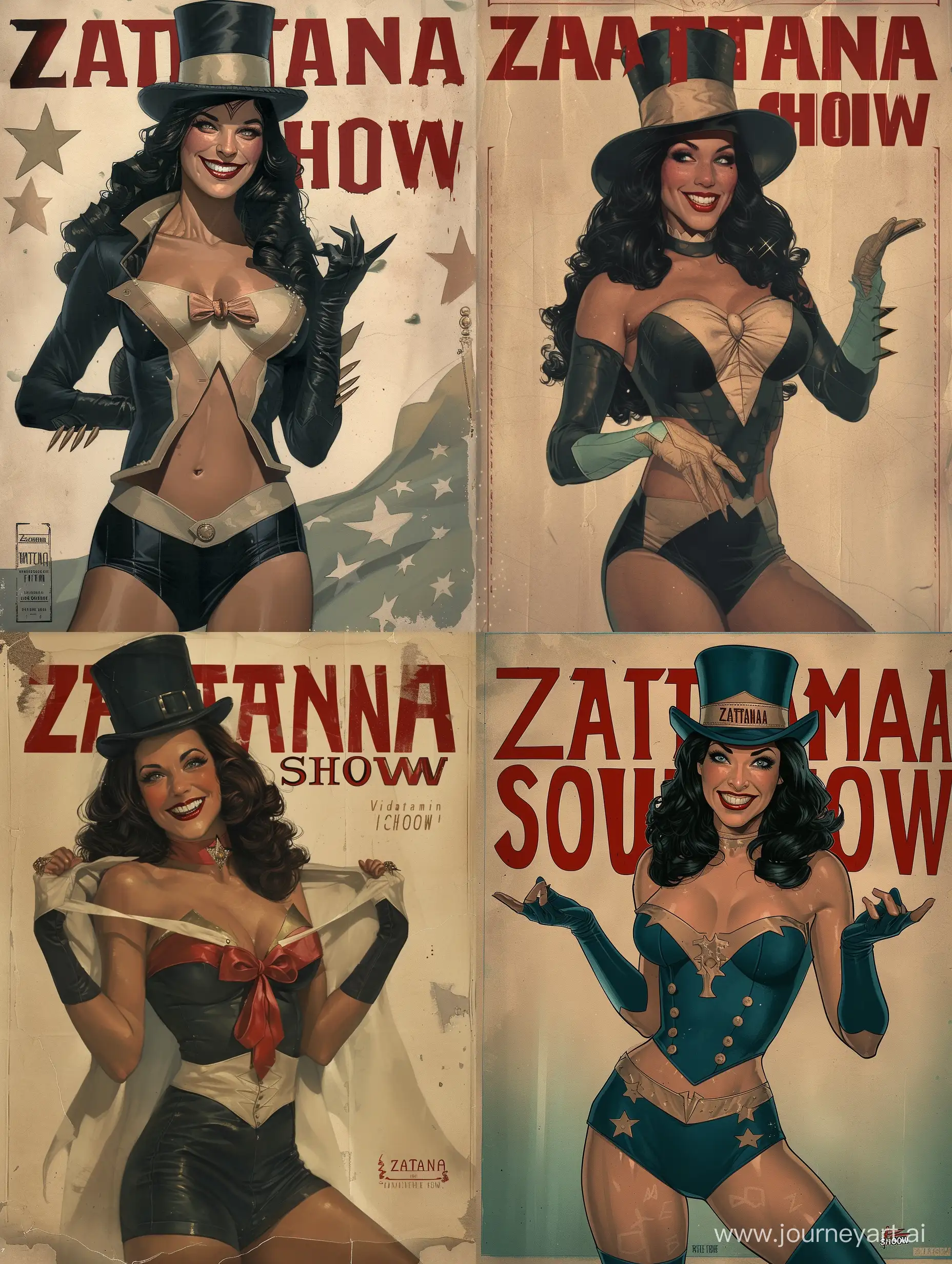 A 50s poster of Zatanna written "Zattana Show", Dc Comics look, Dc Comics 50s costume, 50s style, 50s poster, 50s effect, drawing, letters, top hat, American poster style, smile, heroine , DC Comics