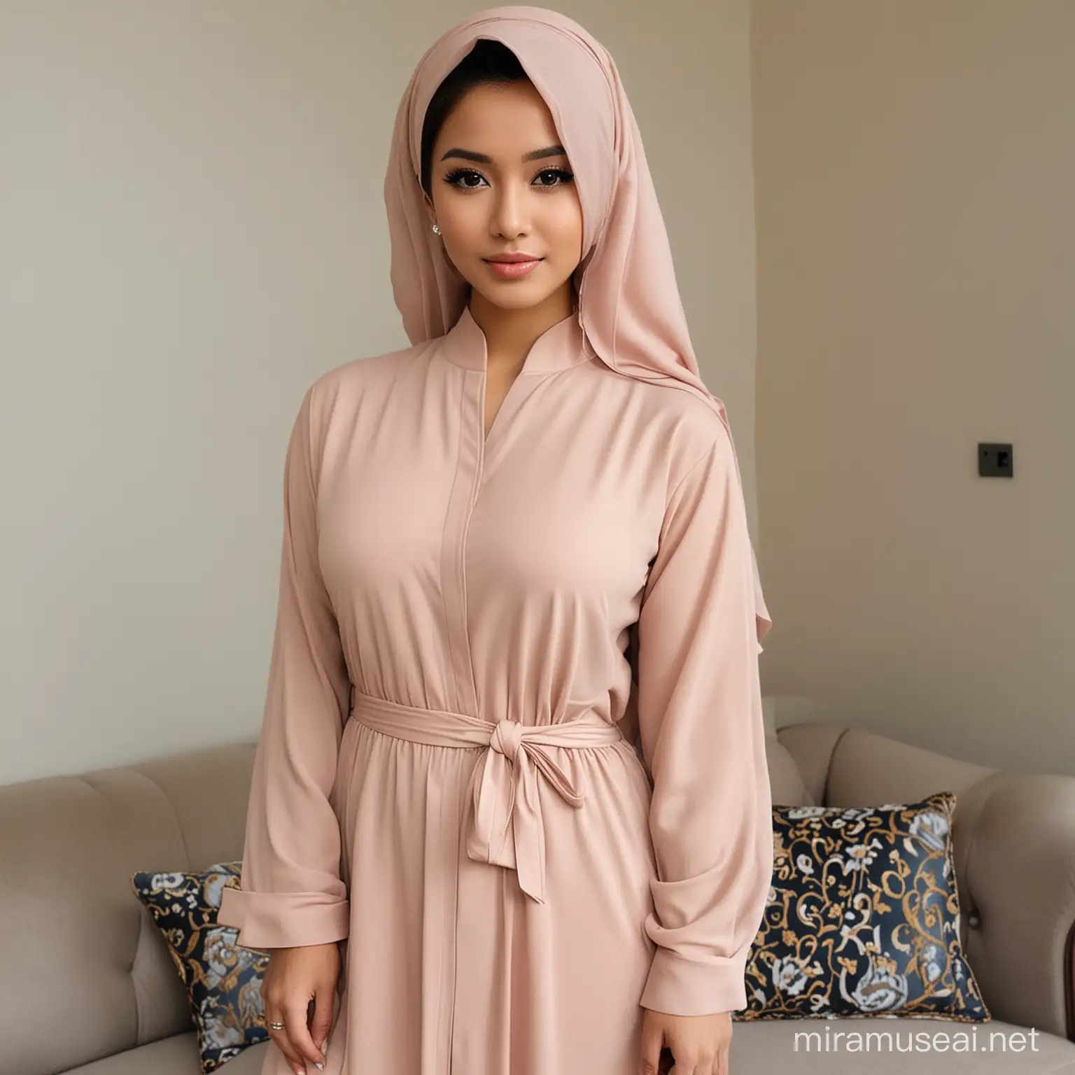a malay girl super beautiful with nude colour abaya that show her nipple