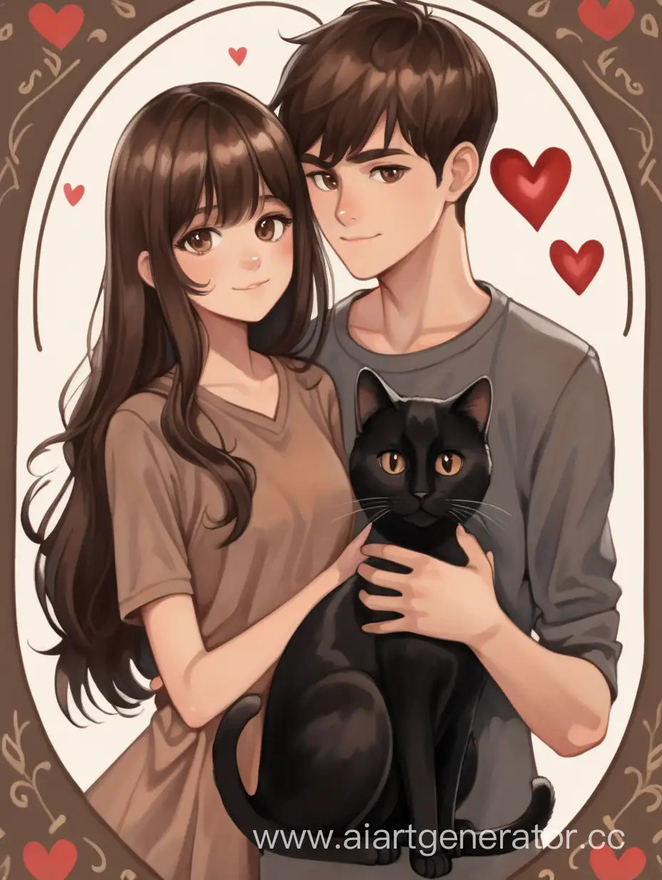 brunette girl, brunette guy, brown-black colored cat, heart, family