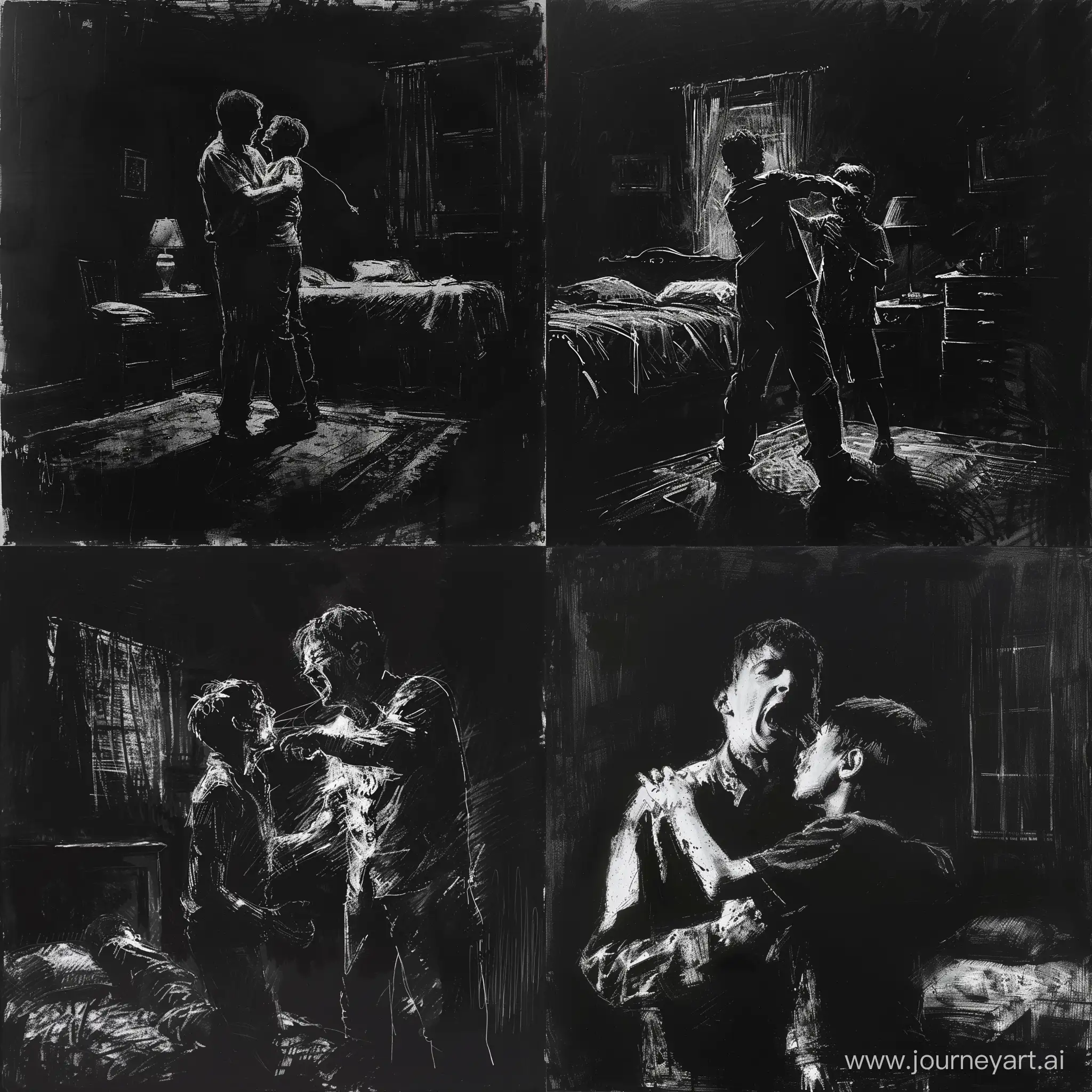 a sketch of "a man strangling a boy in a dark bedroom" by David Fincher, dry brush, white on black background 