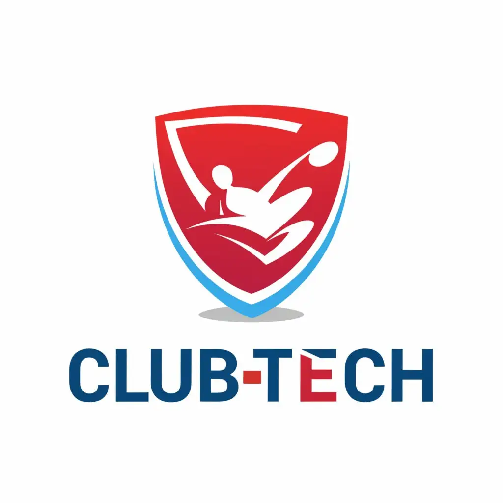 a logo design,with the text 'clubtech', tag line should be 'AFL Cairns - Cazalys - Trinity Beach Sports Club - South Cairns Sports Club', main symbol:red and blue; white background; AFL Football; shield; network security.,Minimalistic,be used in Technology industry,clear background

Add a silhouette of a mad kicking a football on the shield behind the network diagram.