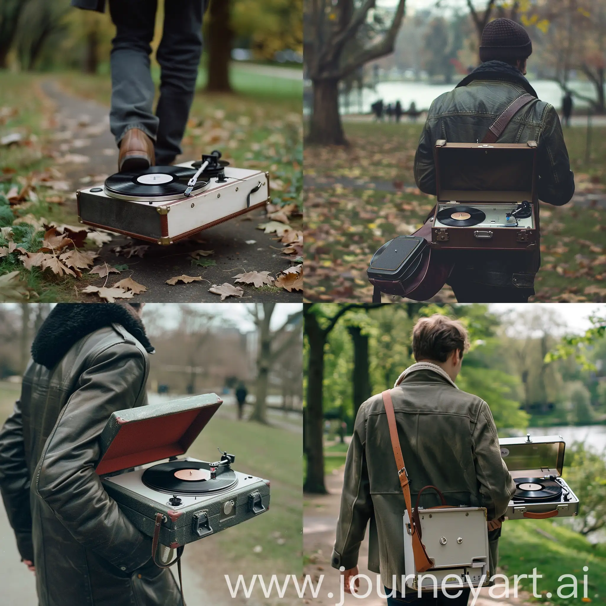 Someone wearing a portable record player whilst walking in the park
