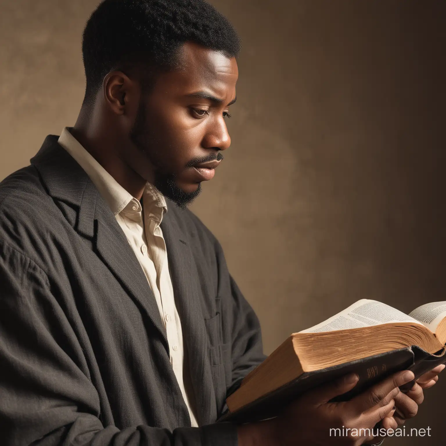 homem negro lendo a bíblia com cara de quem está se questionando sobre algo