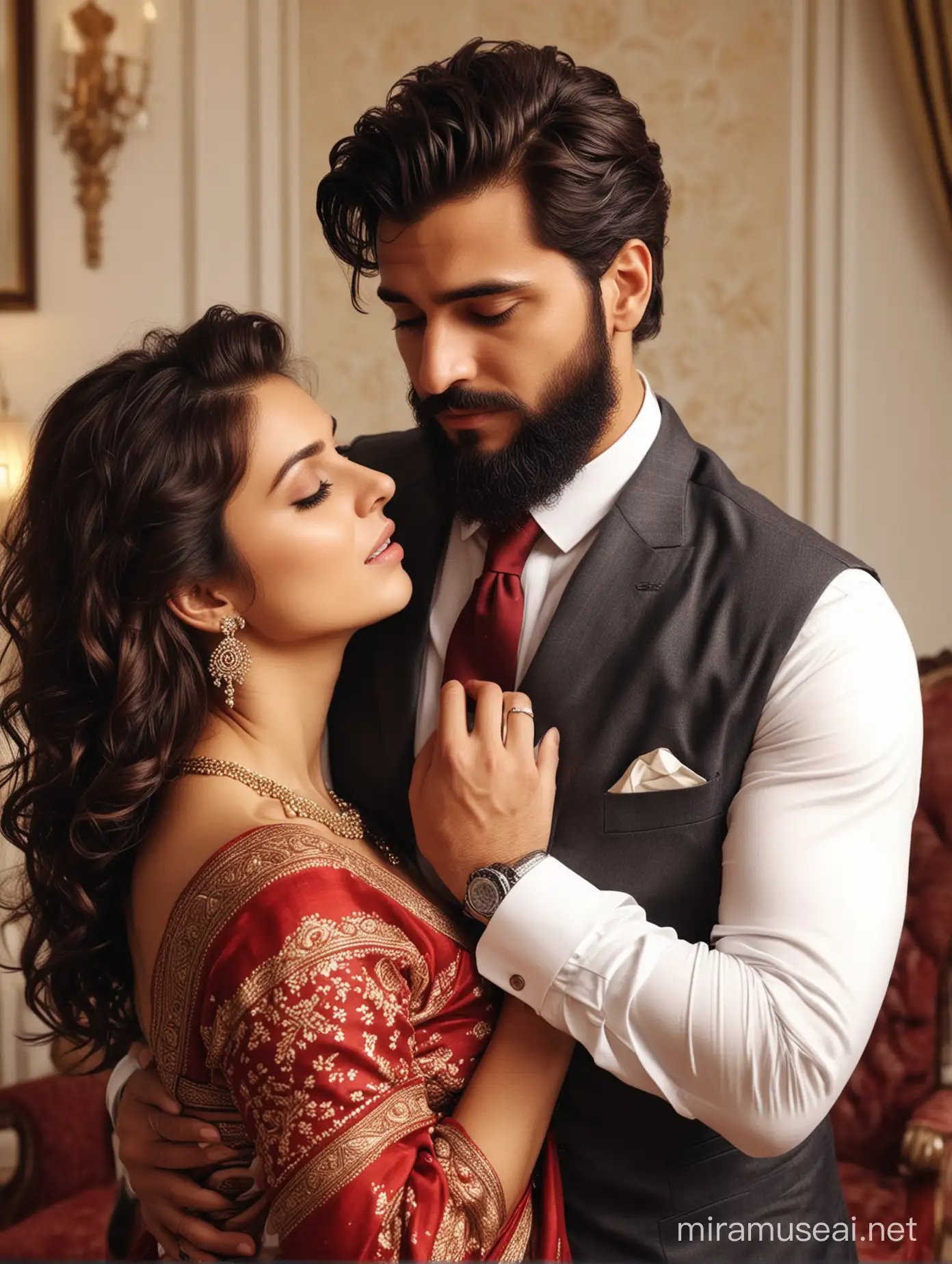 full body view  of most beautiful european couple as most beautiful indian couple, most beautiful girl in elegant bold color saree, long curly hairs, hairs tied  up with hair style stylishly, necklace,   big wide black  eyes, full face, perfect red dot, makeup, low cut neck, sleeveless, beautiful symmetric low cut back, girl embracing with emotion and possessive feeling, pressing face to chest of man, emotional crying with longing feeling, innocence and ecstasy, hands around man neck, man comforting her,  man with stylish beard, perfect trim  hair cut, formals and tie, perfect limbs and fingers, photo realistic, 4k.
background, spacious modern elite photo room, with luxury sofa set, cream color carpet, elegant interior designs, vintage lamps, romantic reunion ambience, photorealistic, vibrant colors, intricate details, 8k.