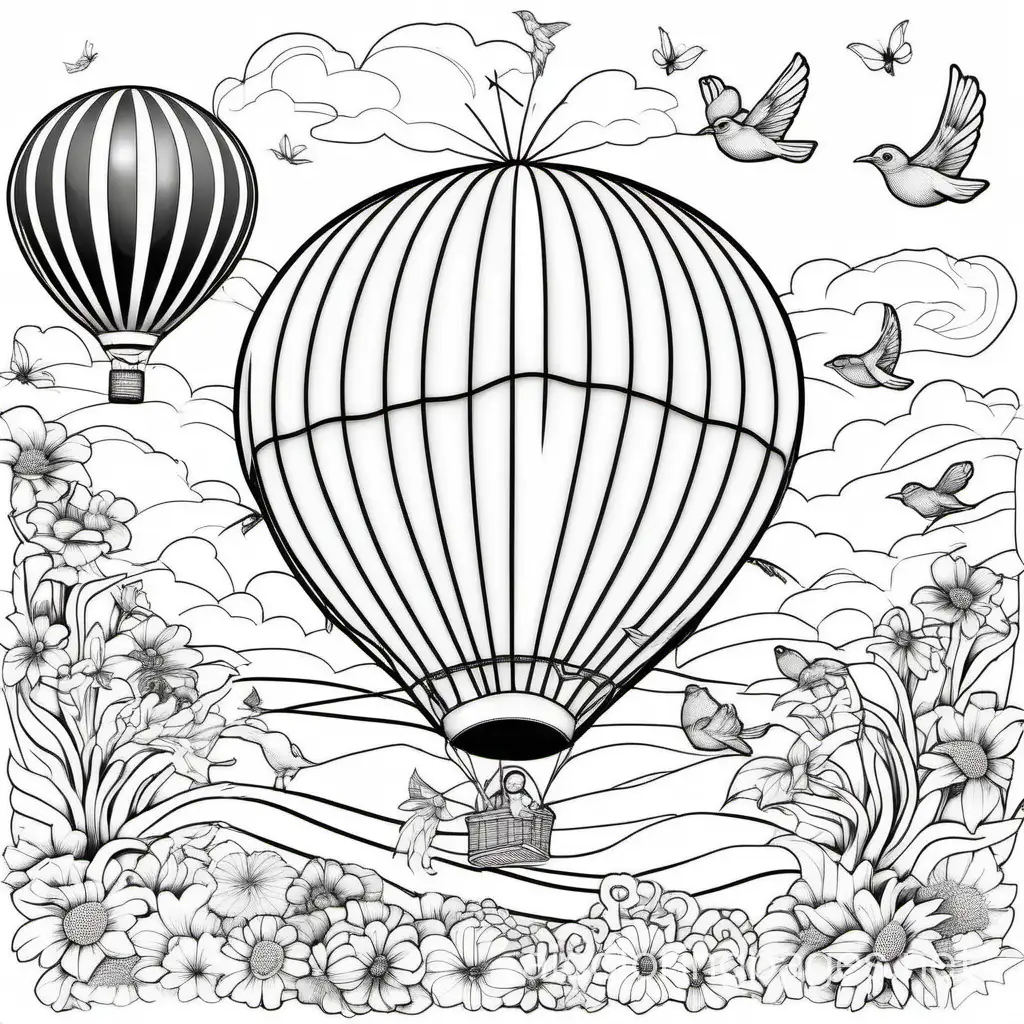 create a black and white sharp edges image of hot air balloon, sun birds flying, flying bees, huge mushroom and flowers and  no dark shadings at all, let it be beautiful and bold  for an adult coloring book., Coloring Page, black and white, line art, white background, Simplicity, Ample White Space. The background of the coloring page is plain white to make it easy for young children to color within the lines. The outlines of all the subjects are easy to distinguish, making it simple for kids to color without too much difficulty
