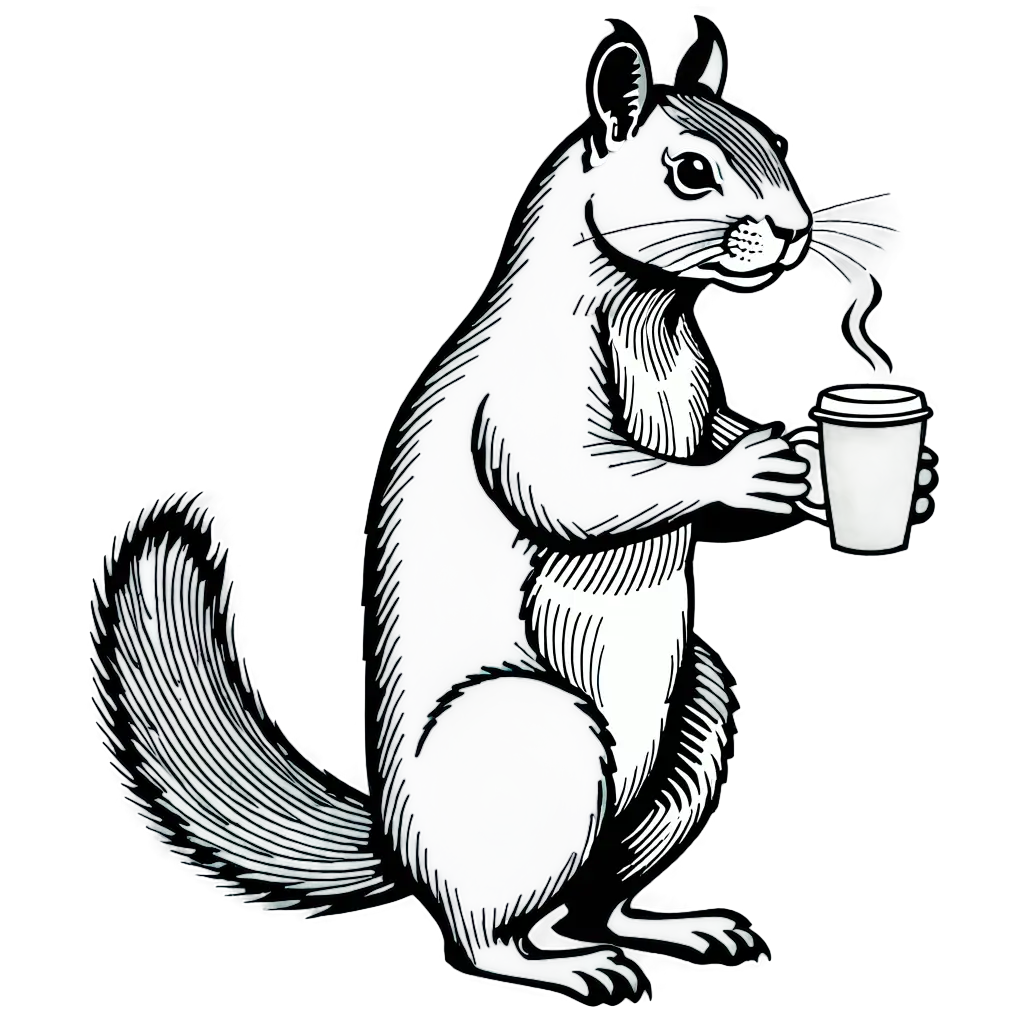 black and white line art drawing of a big squirrel sitting on his hind legs holding a cup of coffee