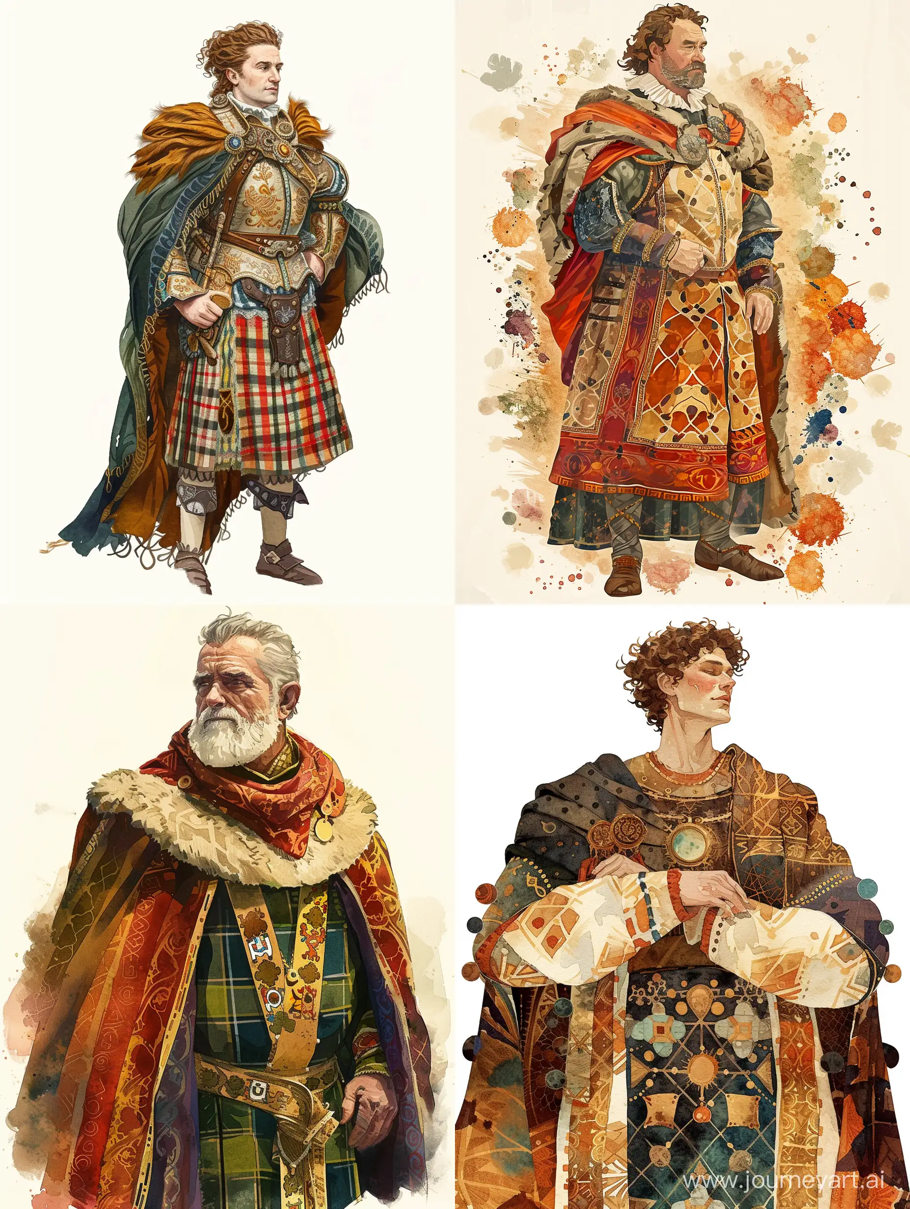ornamental waist-length portrait of the ancient king of Scotland, in rich clothes, watercolor style, decorative, flat illustration, Victo Ngai