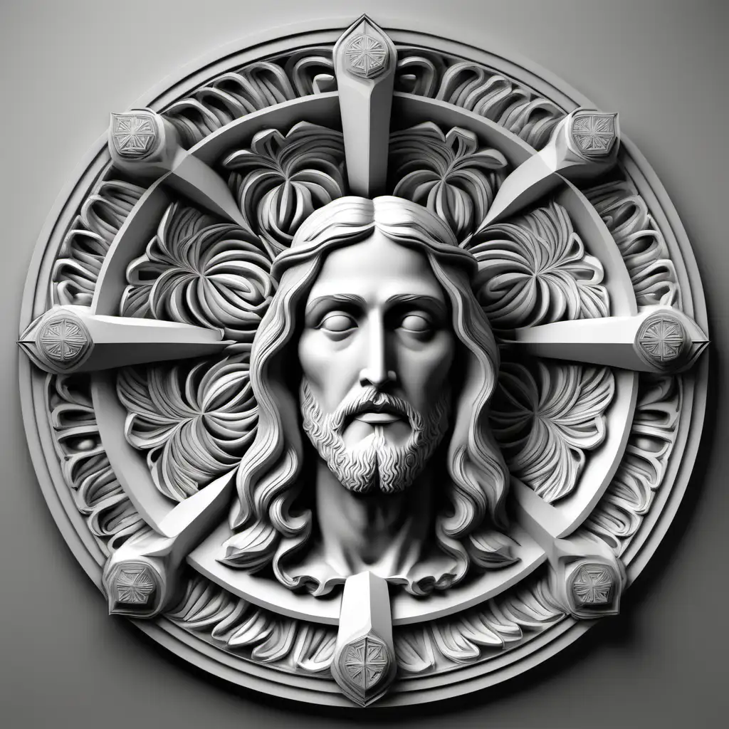 3d relief grayscale image of Jesus mandala style, hyper realistic,use 256 shades of gray, no shadows, put images in a small round circle