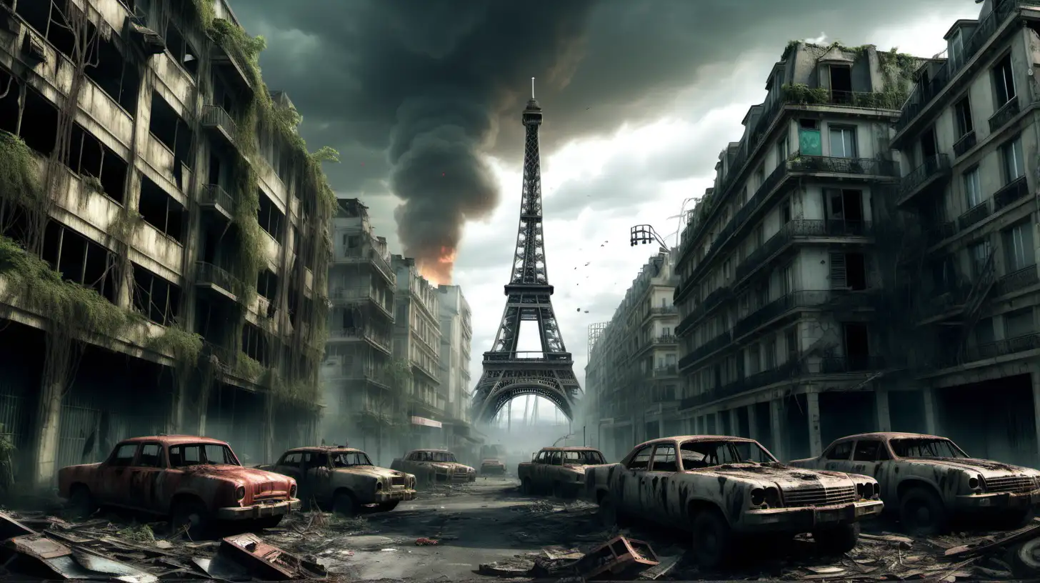 BUILDINGS IN JUNGLE, EIFFEL TOWER, POST APOCALYPSE , FIRE, DAMAGE CARS, ZOMBIES