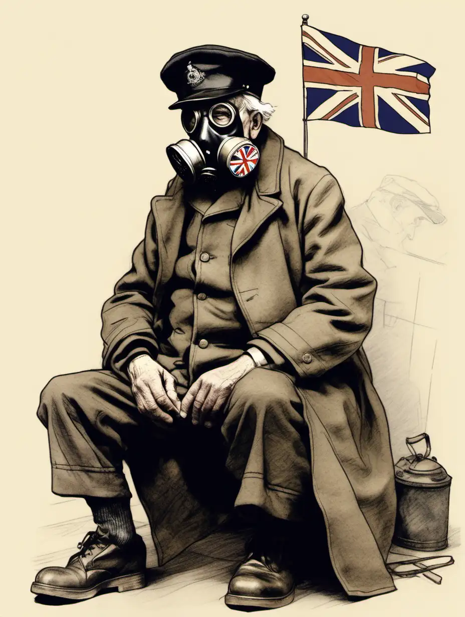 Old man with gas mask wearing overcoat and military flat cap sitting down with Union Jack flag in the background sketch