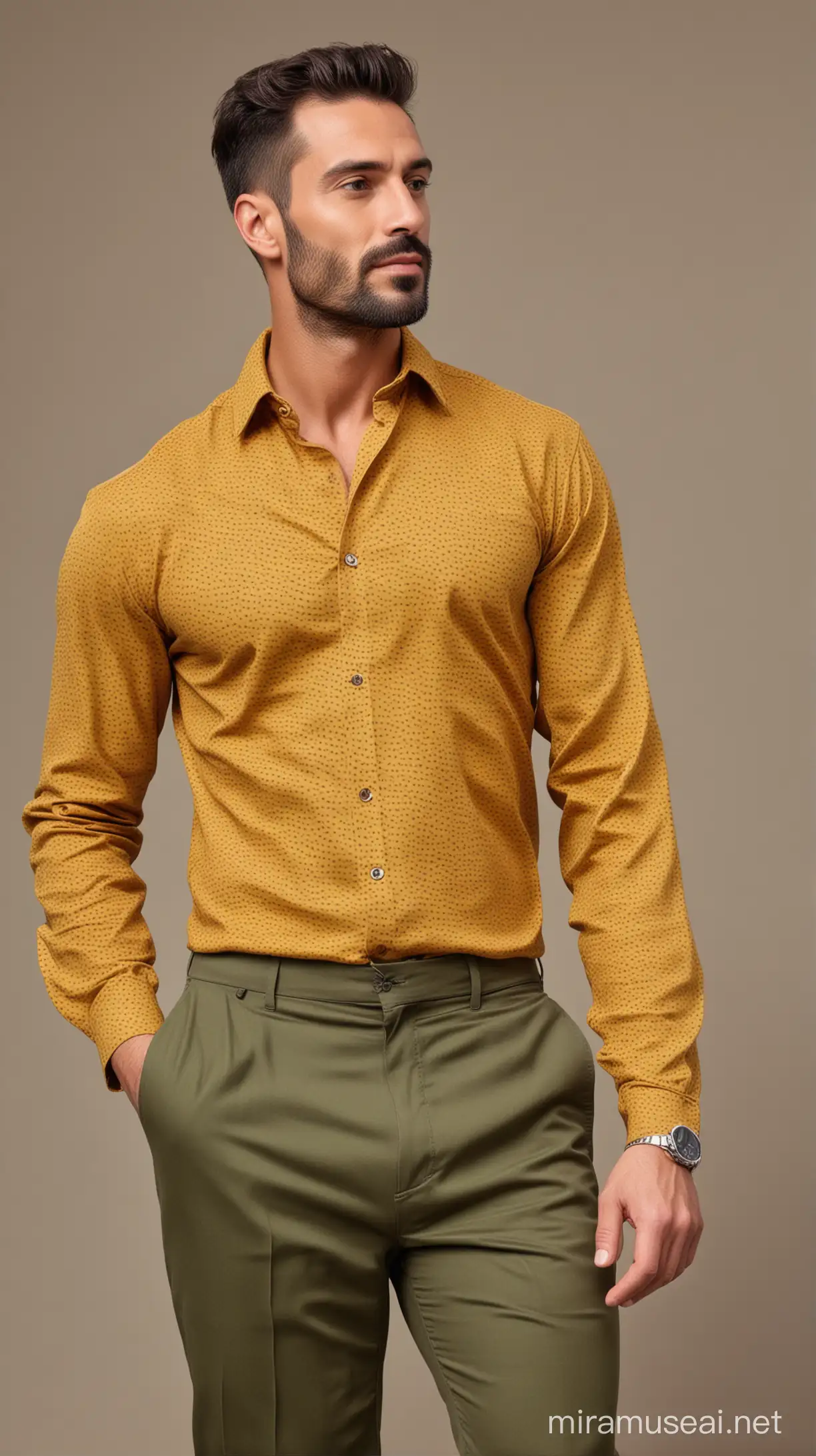 40 year fit men wearing brick printed honey coloured shirt with olive green trousers