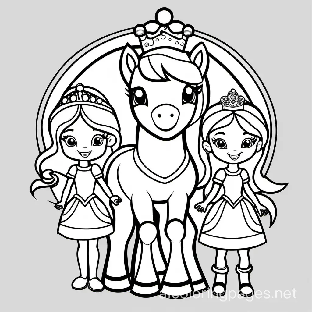 princess sisters with one pony in simple lines, Coloring Page, black and white, line art, white background, Simplicity, Ample White Space. The background of the coloring page is plain white to make it easy for young children to color within the lines. The outlines of all the subjects are easy to distinguish, making it simple for kids to color without too much difficulty