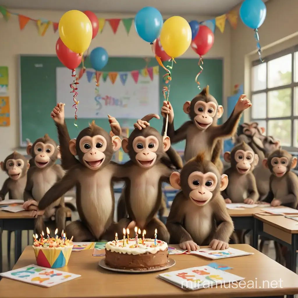 cute monkeys celebrating the birthday in a classroom