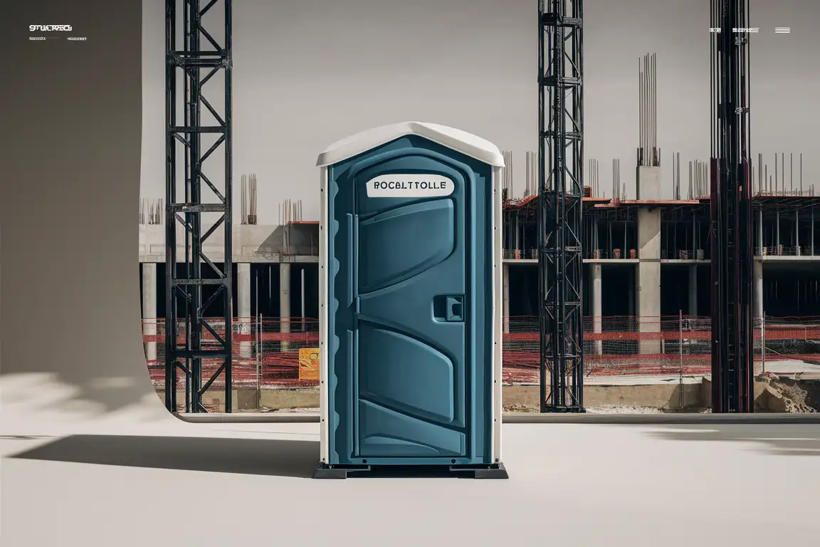 Hero section of a website about portable toilets. 1 Portable toilet, neutral lighting and a simple, out-of-focus background of a construction in progress.