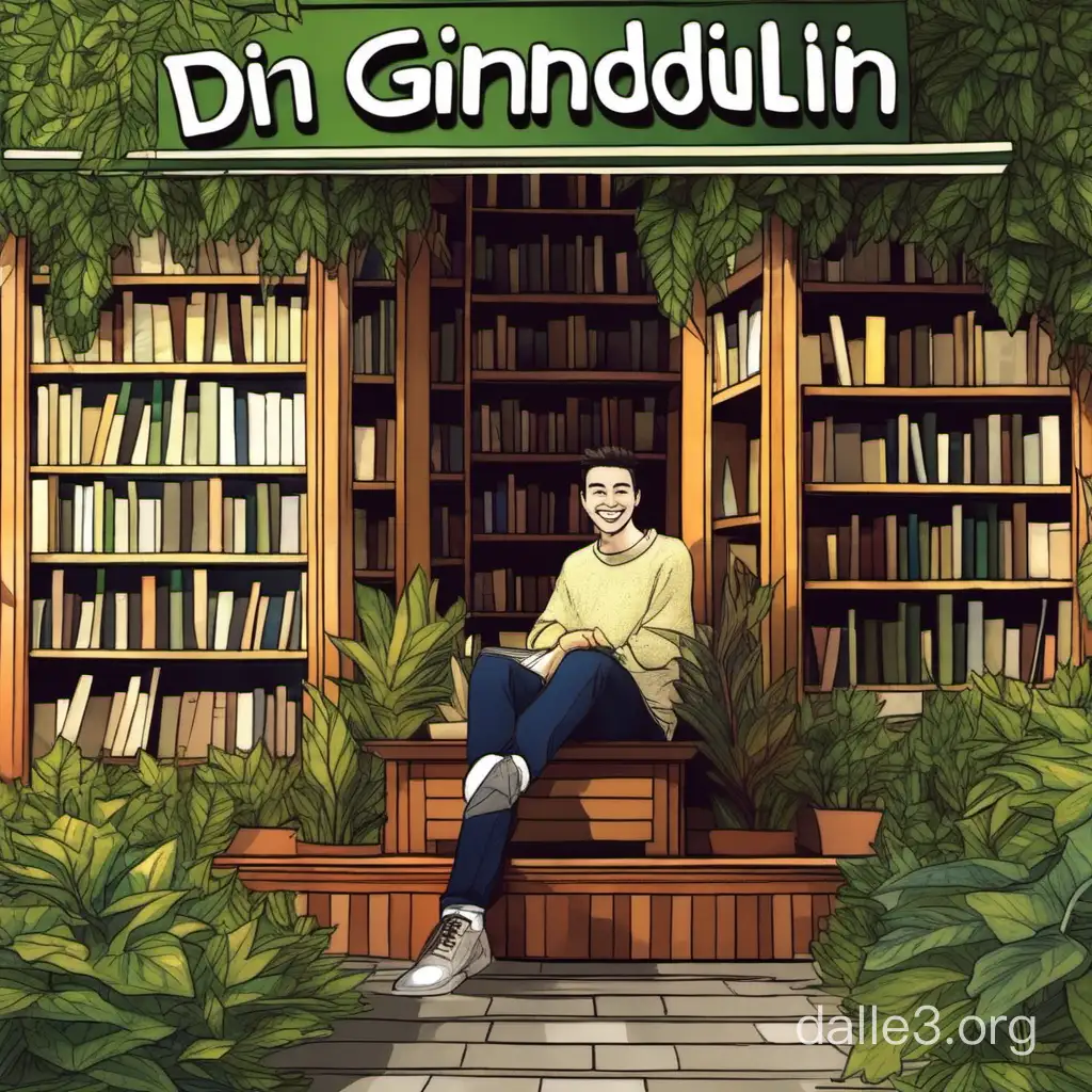 Дин Гиндулин сидит в книжном магазине листва и улыбается