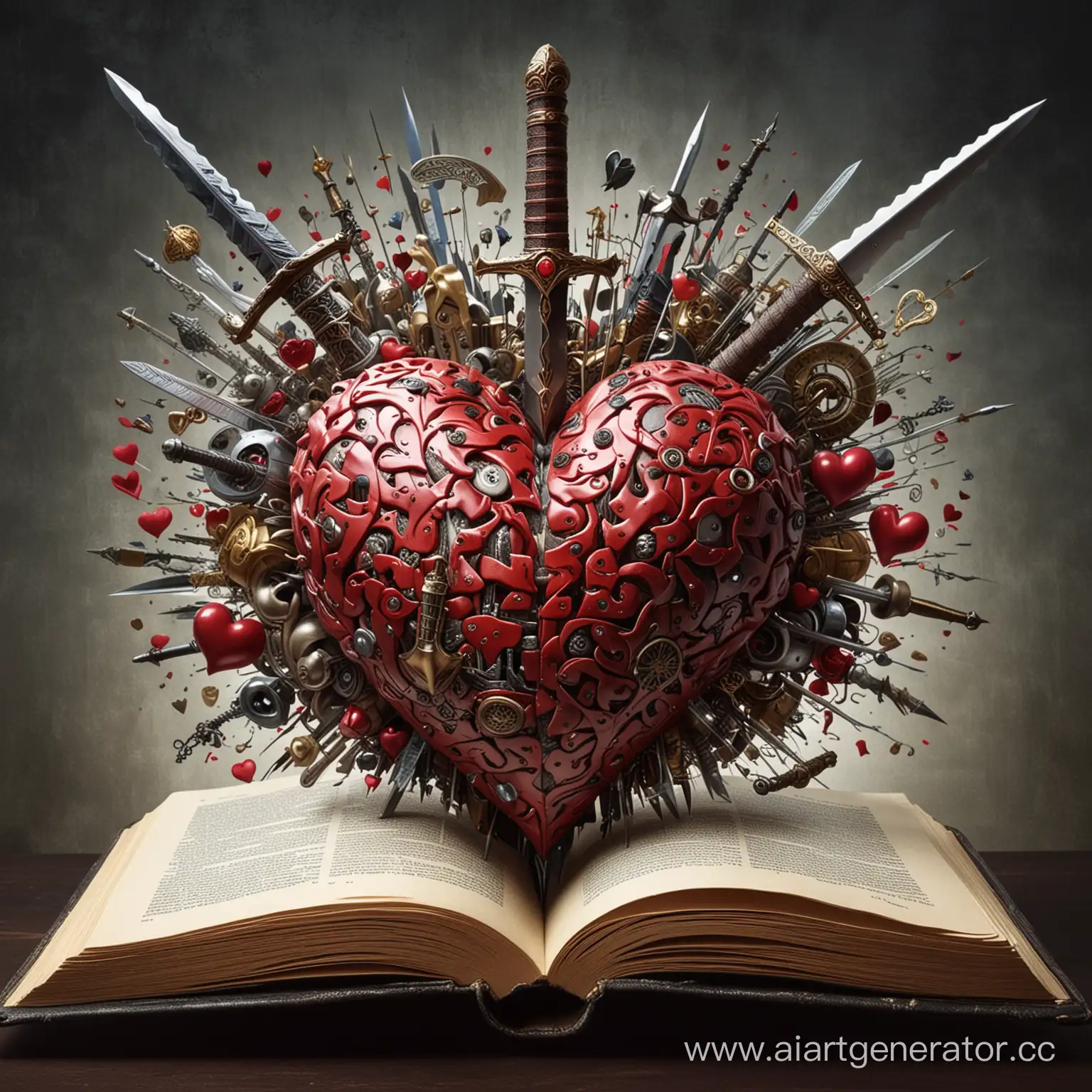 Из открытой книги вылетают "жанры" - сердечки, мечи, мозг, и так далее. Жанры книги