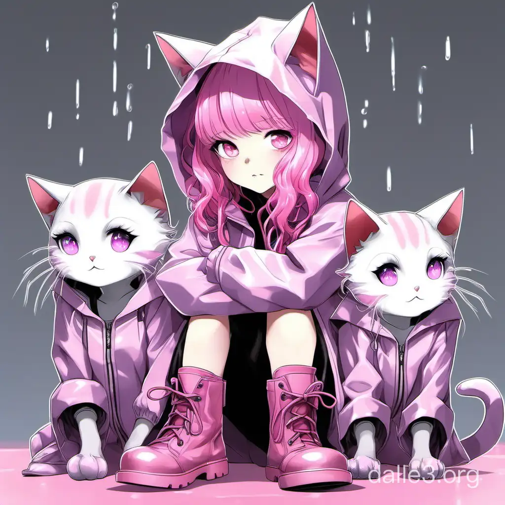 Девочка с розовыми волосами и фиолетовыми глазами в прозрачном розовом дождевике с капюшоном в виде кошачьей головы, в серых сапожках, с серо розовым хвостом, рядом сидят два серых котика