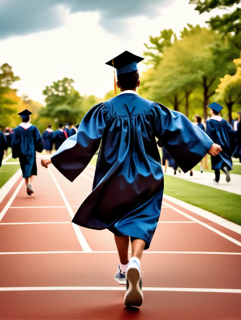 Create an image of a young scholar running with a graduation cap and gown at walking park with a track and people cheering