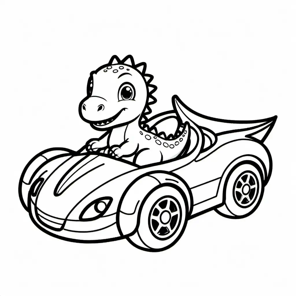 Baby dinosaur sit in sport car, Coloring Page, black and white, line art, white background, Simplicity, Ample White Space. The background of the coloring page is plain white to make it easy for young children to color within the lines. The outlines of all the subjects are easy to distinguish, making it simple for kids to color without too much difficulty