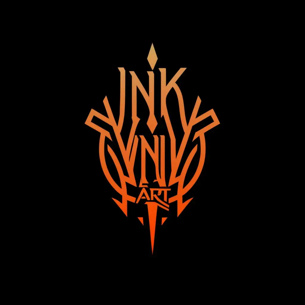 a logo design,with the text "Ink Vini Art Tattoo", main symbol:a logo using a more modern aesthetic, cybernetic, futuristic, with gothic lettering, and short using black and orange colors,Moderate,be used in Legal industry,clear background