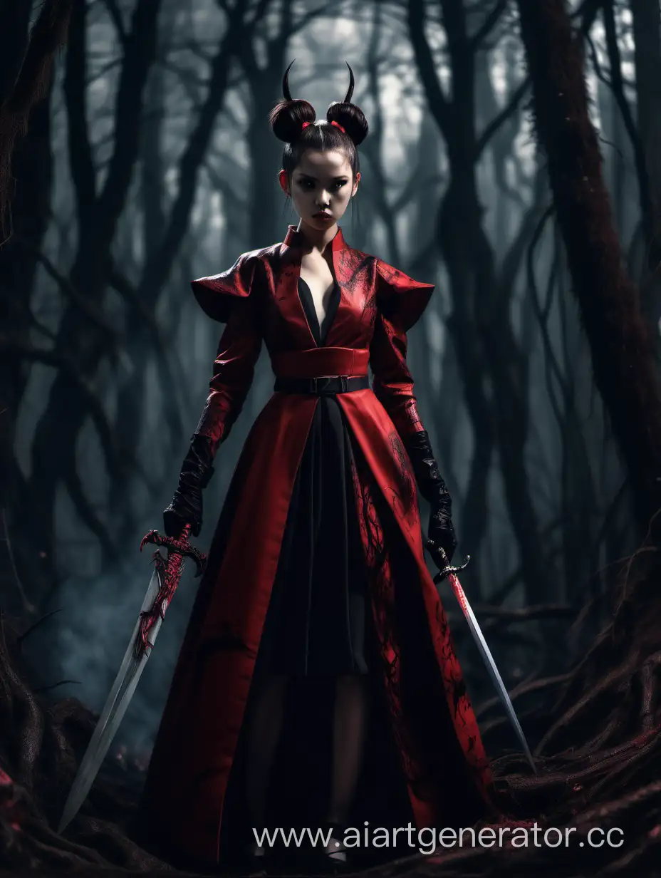 Girl in special gowen comfortable to fight in, suit is black. Girl's hair is made into one bun, hair is vivid red. She has a long sword in her hands, holding it. She is standing in dark mystic forest, full of demons and monsters