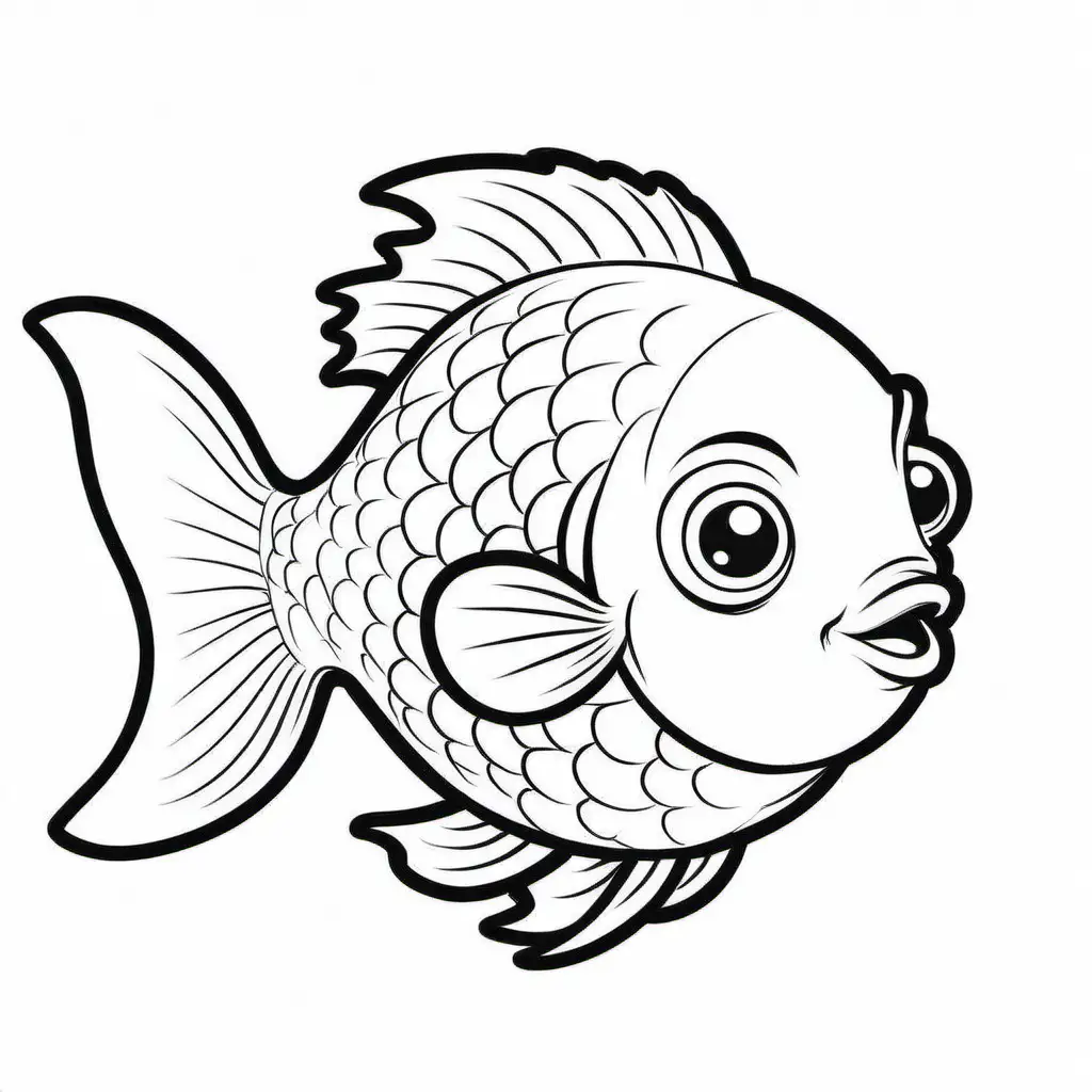 Cute baby fish without background , Coloring Page, black and white, line art, white background, Simplicity, Ample White Space. The background of the coloring page is plain white to make it easy for young children to color within the lines. The outlines of all the subjects are easy to distinguish, making it simple for kids to color without too much difficulty