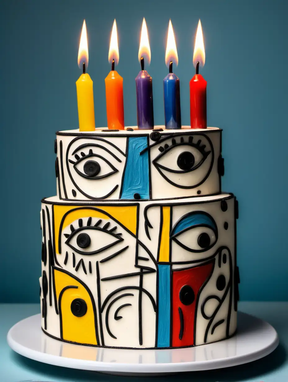 Create a birthday cake with candles on it in the style of Picasso 