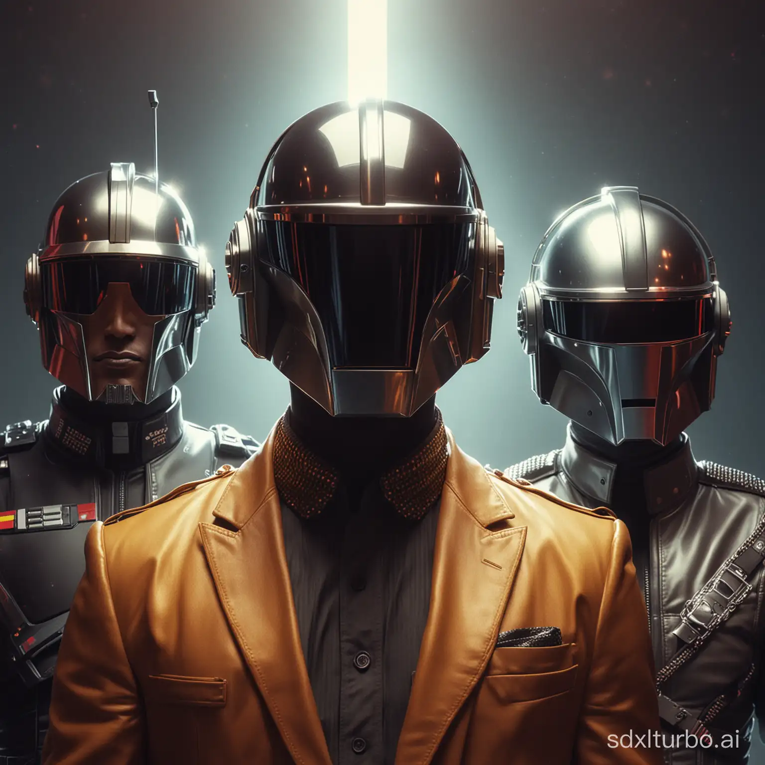 Max Headroom and Mandalorian as Daft Punk with Pharrell Williams, psychedelic, lens flare, 