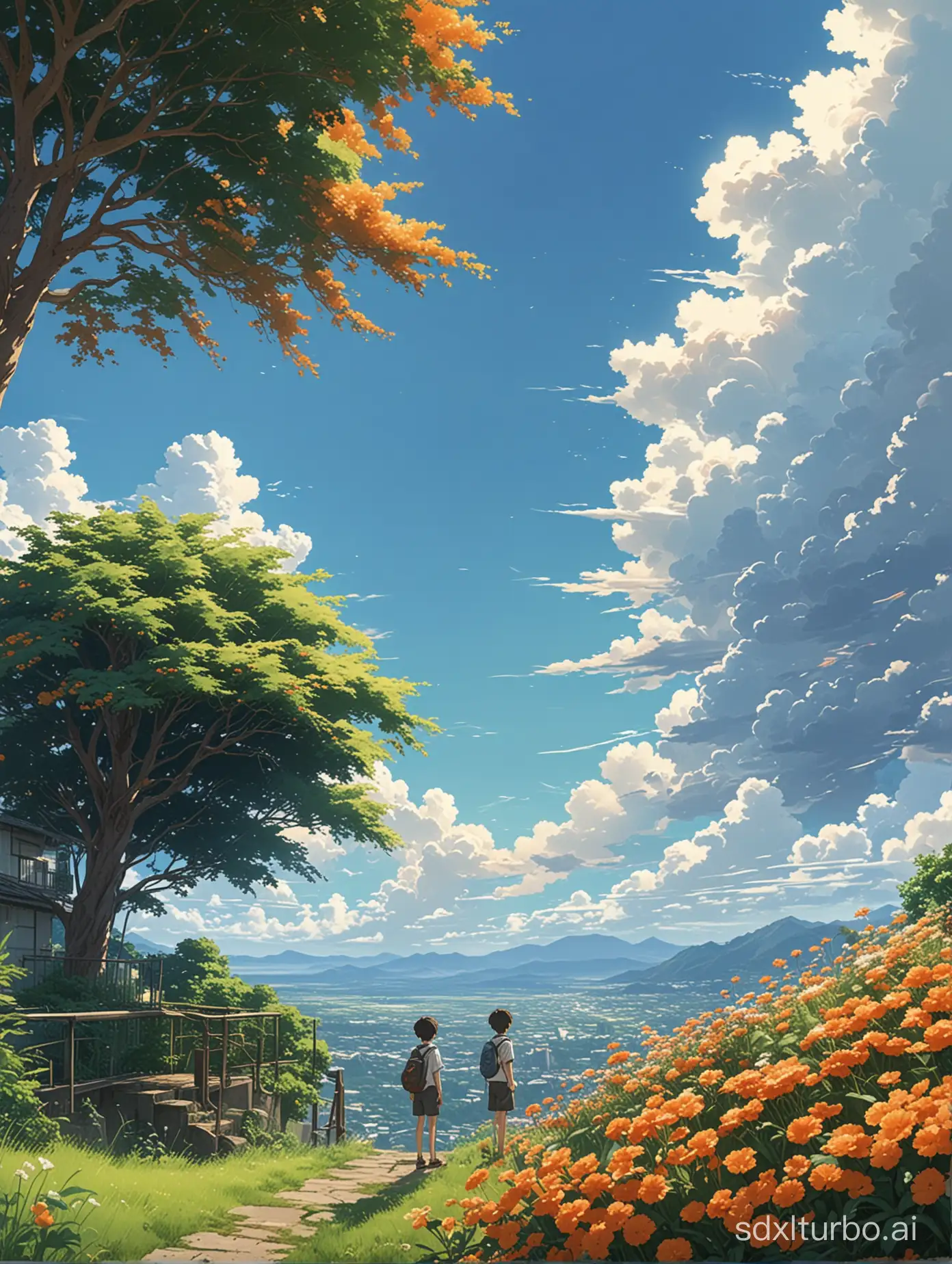 A stunning, vivid Makoto Shinkai-inspired anime scene where a young boy stands on the roof of a building reclaimed by nature, now covered in lush  tall green grass and vibrant flowers., and the boy has one hand on it, gazing at the vast blue sky adorned with fluffy white clouds. Behind him, a tall orange-leafed tree stands proud, its branches reaching towards the heavens. The high-angle view captures the serene beauty of the scene, with a sense of solitude and wonder.