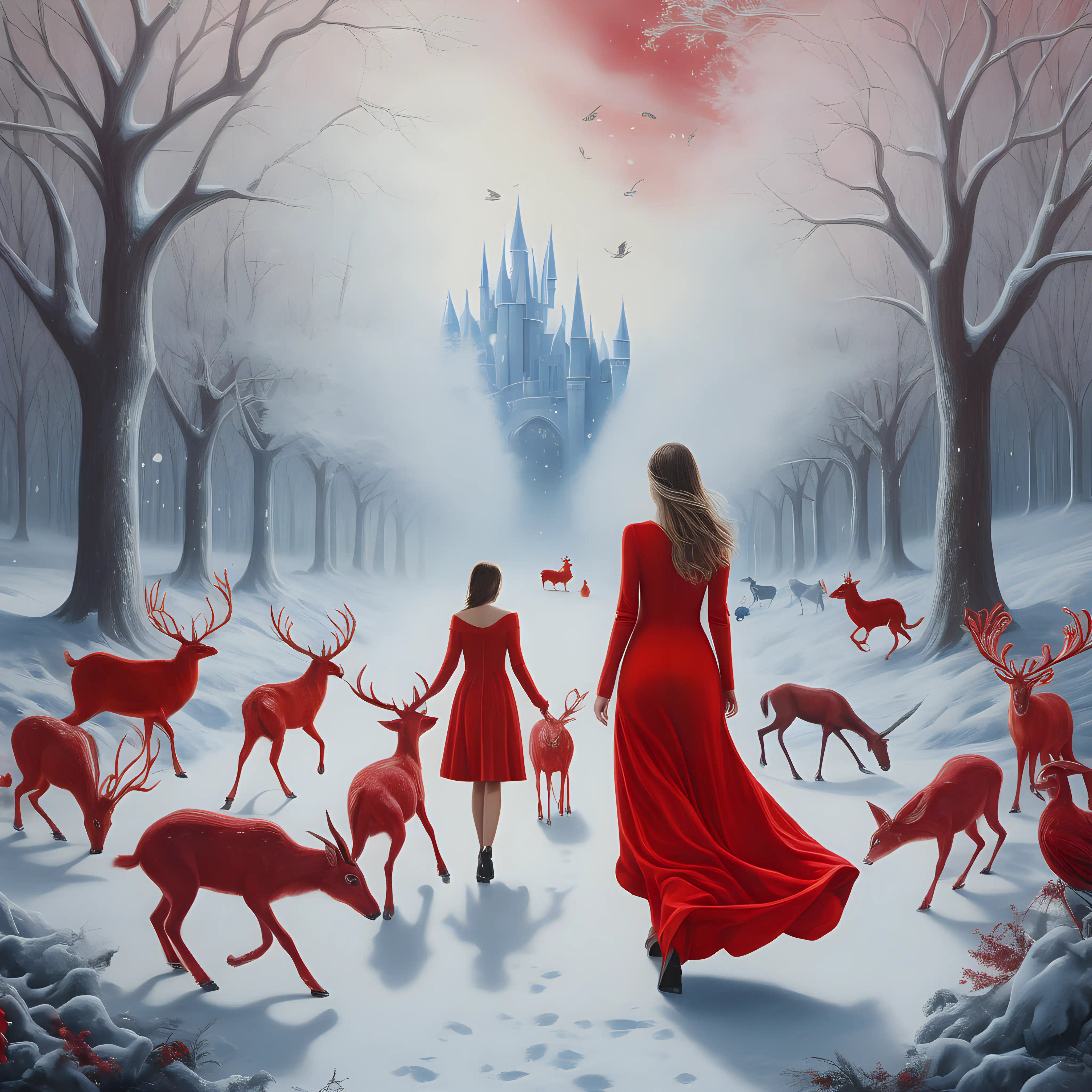 30x40 cm woman in red dress walking through winter wonderland with with magical creatures watching her closely
