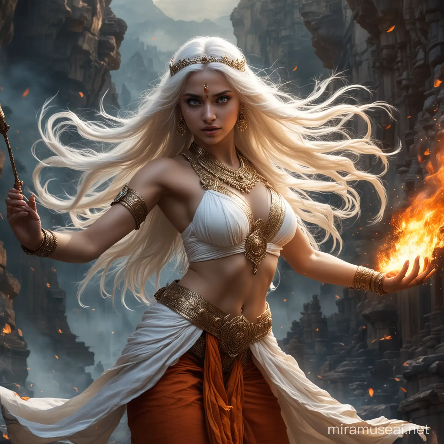 Majestic Hindu Empress Goddess in Fiery Combat Amidst Dark Valley and Palace