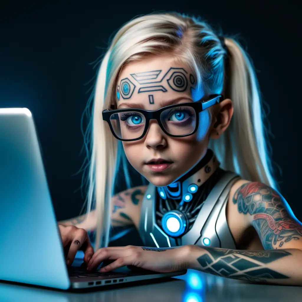 Realistyczne zdjęcie 8k. Wspaniała kobieta, 5 lat. Ma twarz cyborga, okulary, tatuaże na twarzy, ale jest niezwykle piękna. Ma futurystyczne blond  włosy.  ma błekitne oczy. kobieta, z podekscytowaniem patrzy na swój laptop