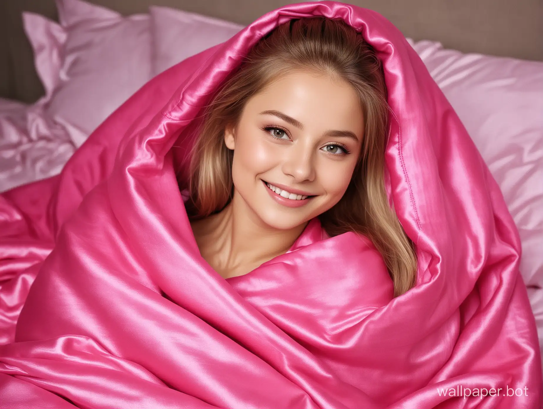 Yulia Lipnitskaya Smiling with Long Straight Silky Hair Wrapped in a hot Pink fuchsia Silk Blanket and pillow