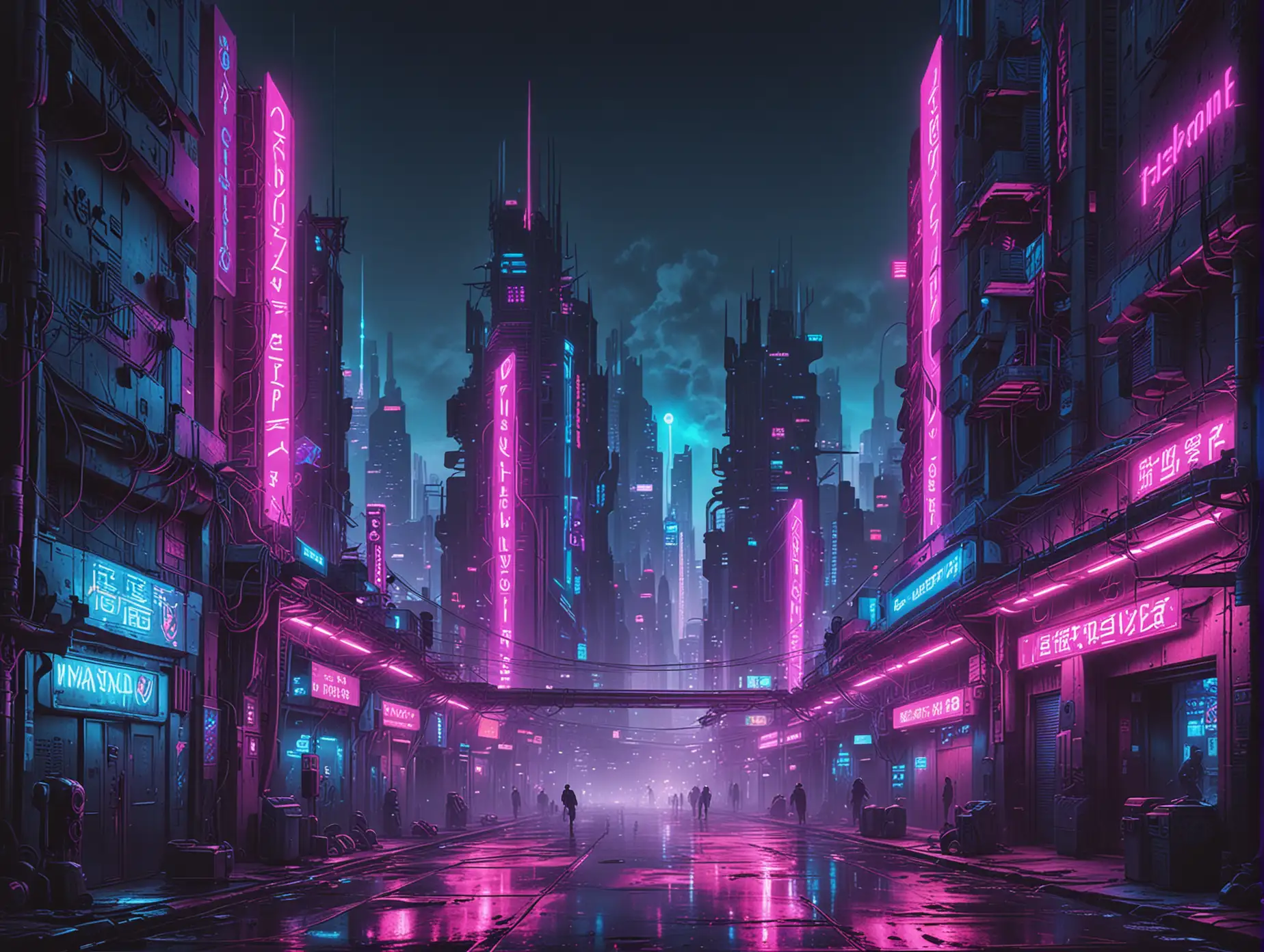 Give me an image of a distopian futuristic cyberpunk city at night with a neon magenta and electric blue colour scheme.