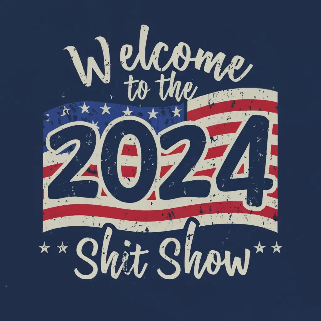 logo, t-shirt design for 2024 US presidential election including an American flag, with the text "Welcome to the 2024 Shit Show", typography