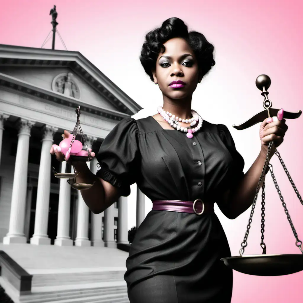 create  image of  an  elegant
black women from 1908 holding scales of justice. Use some hints of pink and green. put courthouse in the background
