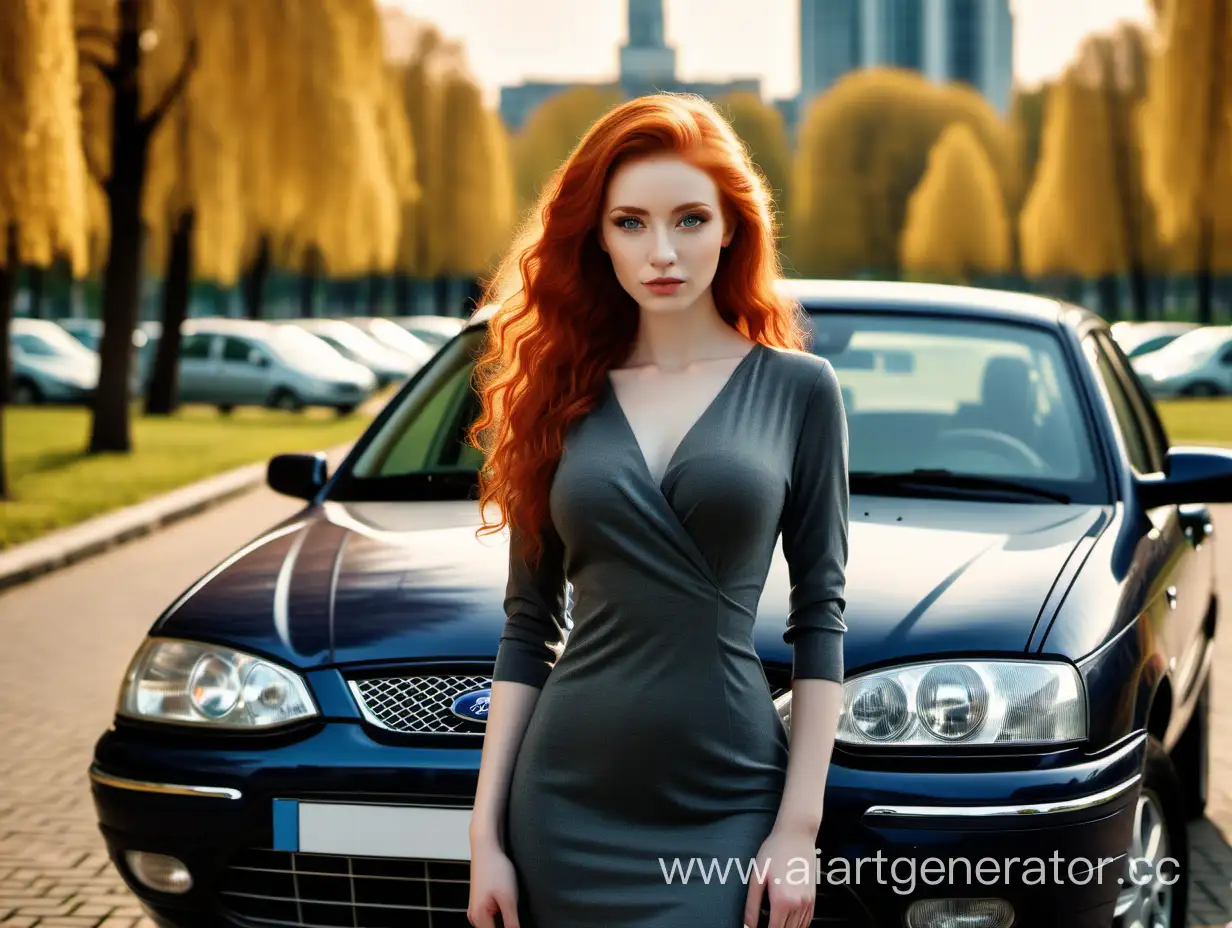 Beautiful red-haired Russian, young, business expensive dress, cute face. A perfect figure like a model. There is a Ford Scorpio and a park in the background. Perfect lighting, high detail, symmetry.