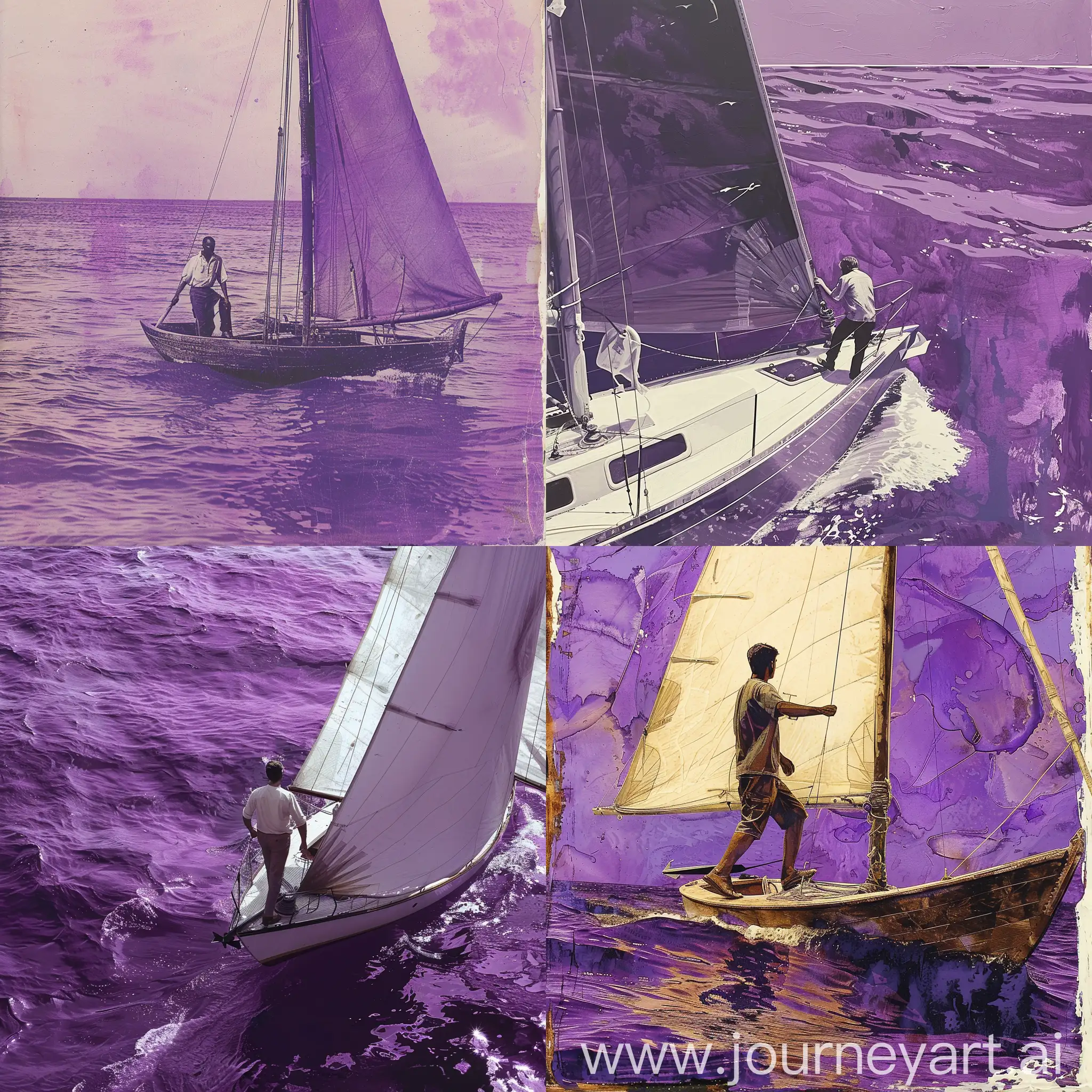 A man is stepping onto a sailboat, the sea is purple