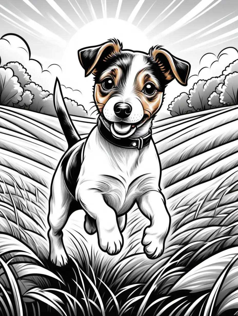 Generate an endearing and easy-to-color black-and-white line art illustration of a cute jack russell terrier , puppy , all white, joyfully playing in a sunlit field for a delightful colouring page. Picture the puppy in a playful stride, with the sun casting a warm glow across the scene. Craft a lively and simple farm background, with swaying grass or blooming flowers. Aim for an overall heartwarming atmosphere that captures the energy and sweetness of the baby animal's playful run. The goal is to provide an exhilarating and accessible coloring experience for kids of various ages. Exclude intricate details, keeping the design charming and lively for a delightful coloring adventure