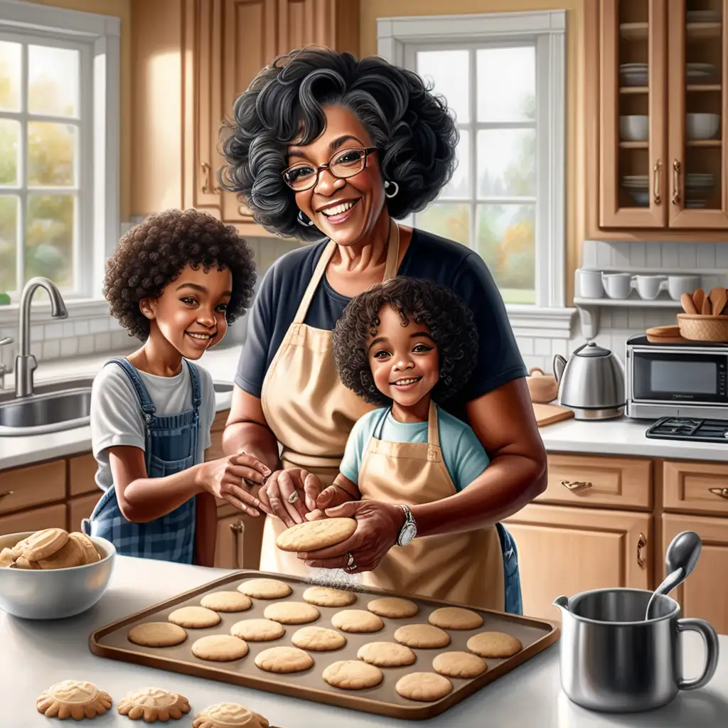 An realistic beautiful
Black middle age woman wearing  bob haircut, she is a grandmother, in this image she is baking cookies in her beautiful kitchen with her beautiful black grandchildren, they have black natural curly hair