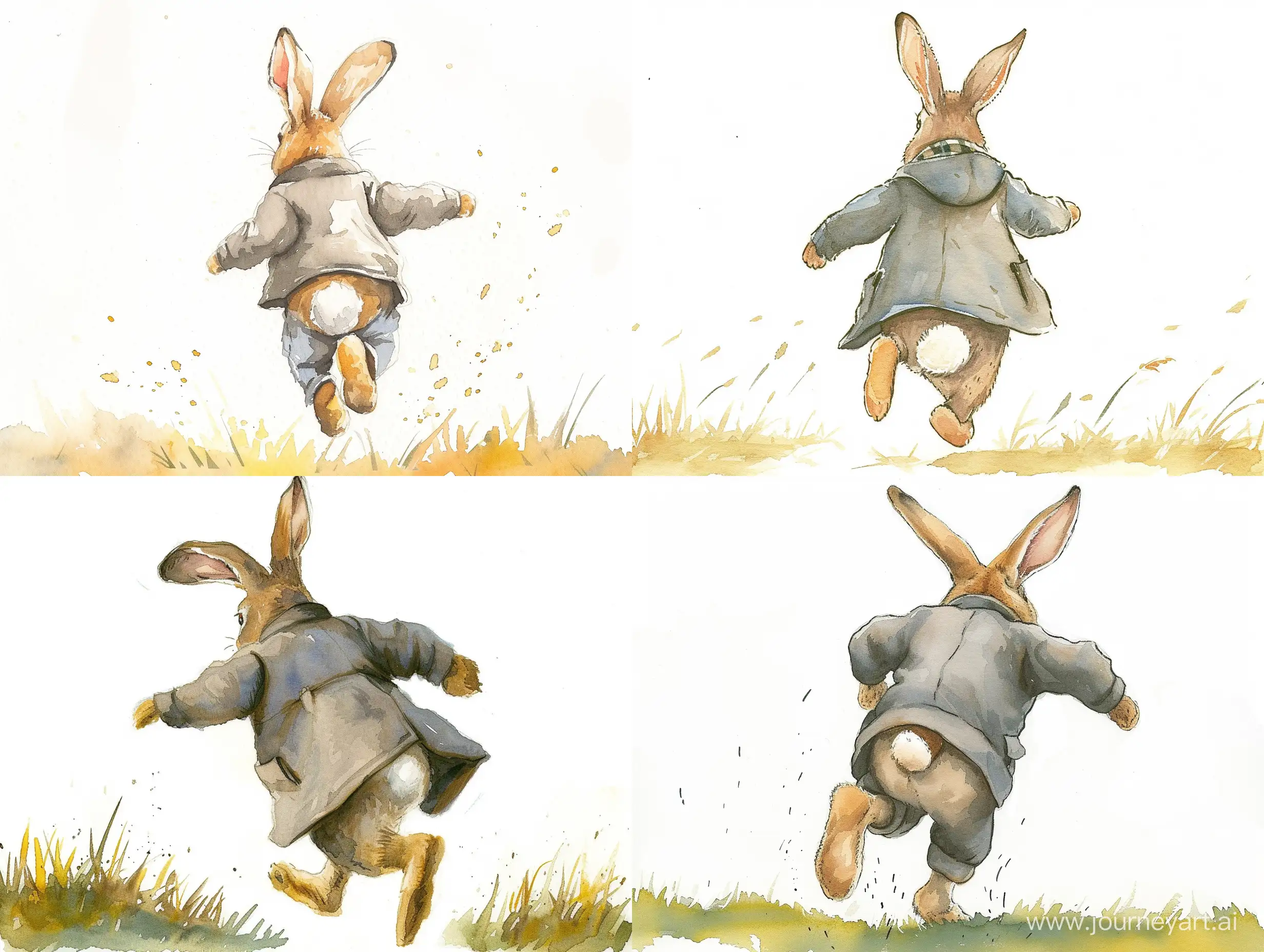Watercolor drawing of an anthropomorphic rabbit in outerwear running away from us with its back. We can see his back