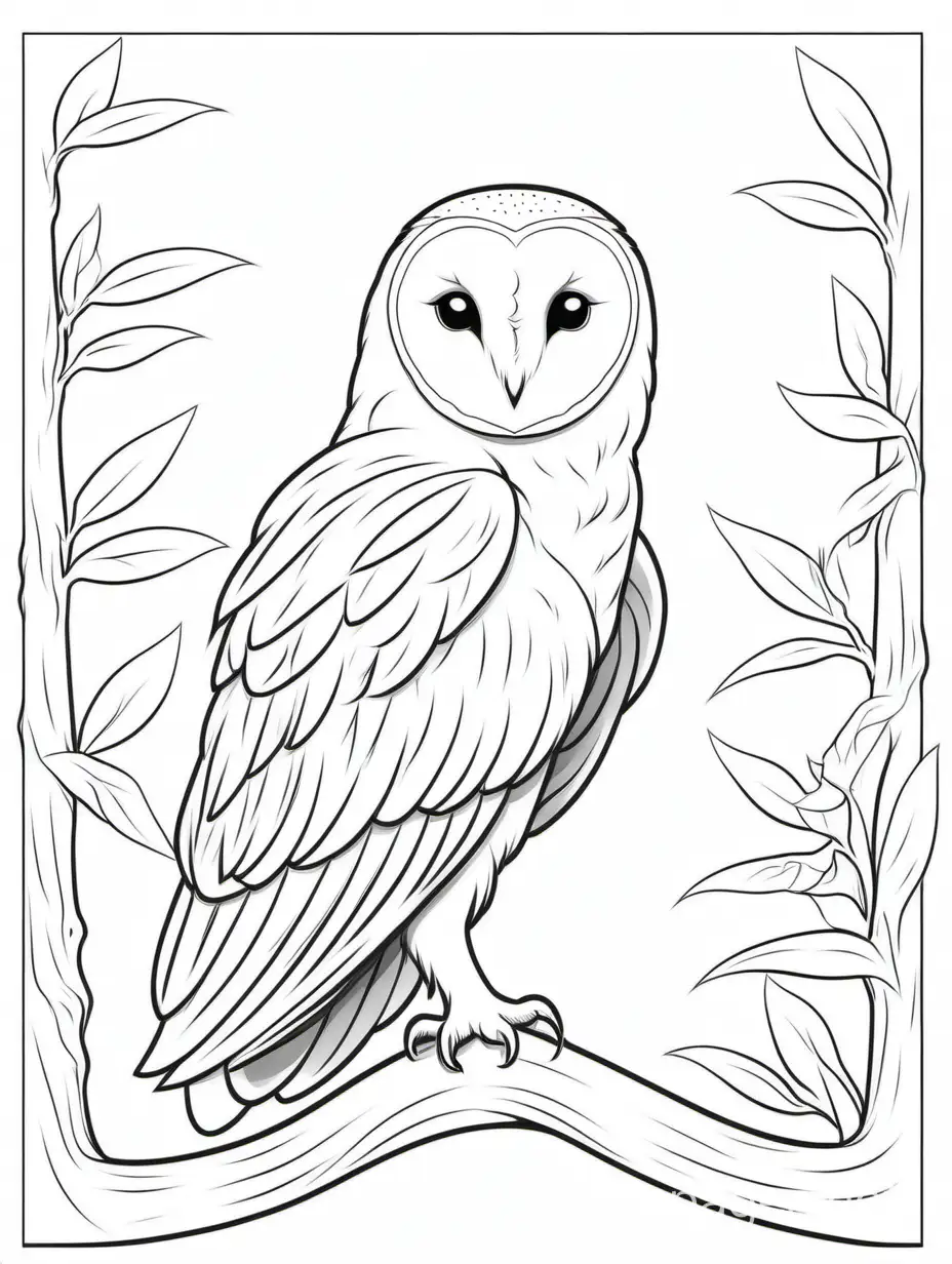 BARN OWL, Coloring Page, black and white, line art, white background, Simplicity, Ample White Space. The background of the coloring page is plain white to make it easy for young children to color within the lines. The outlines of all the subjects are easy to distinguish, making it simple for kids to color without too much difficulty