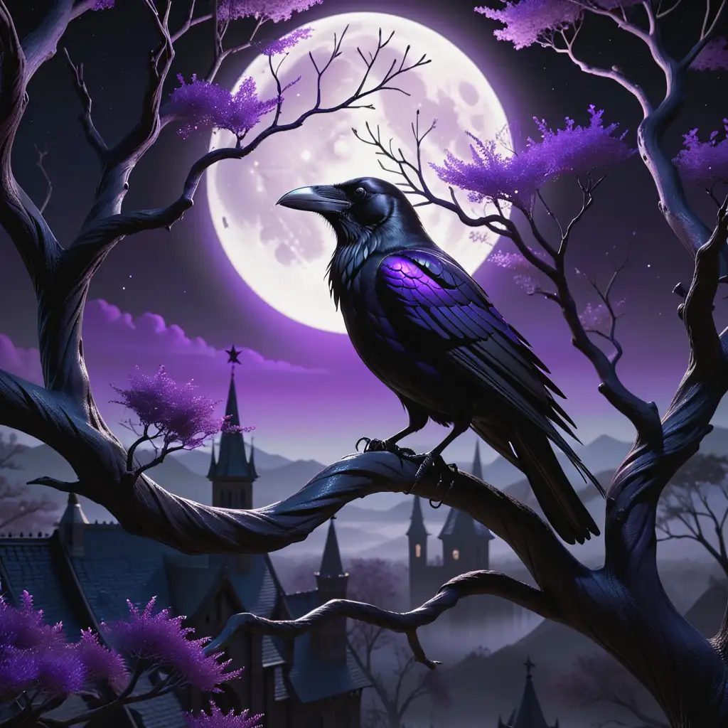 A captivating 3D conceptual art piece, showcasing a whimsical gothic design with a raven perched atop a twisted tree branch. The sky is illuminated by a bright, eerie moonlight, casting shadows on the surrounding landscape. The raven's feathers shimmer with a touch of iridescent purple. The overall atmosphere is dark and mysterious, with a hint of enchantment, set against a black background that accentuates the vivid details of the 3D render., conceptual art, 3d render

