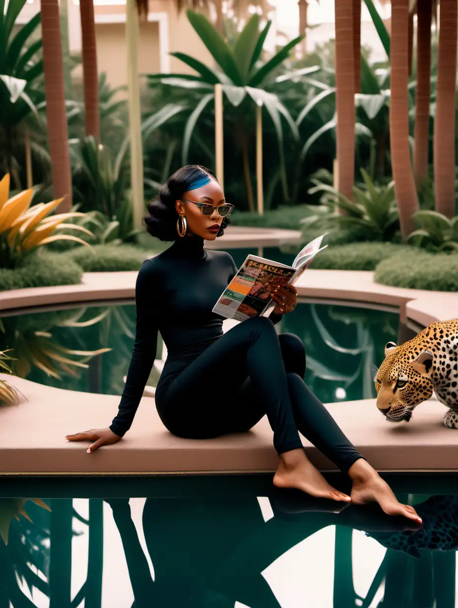 black woman models with piercings wearing futuristic black jumpsuit, reading a fashion magazine and sitting by pond with leopard in luxury palm garden, soft light, wes anderson color palette
