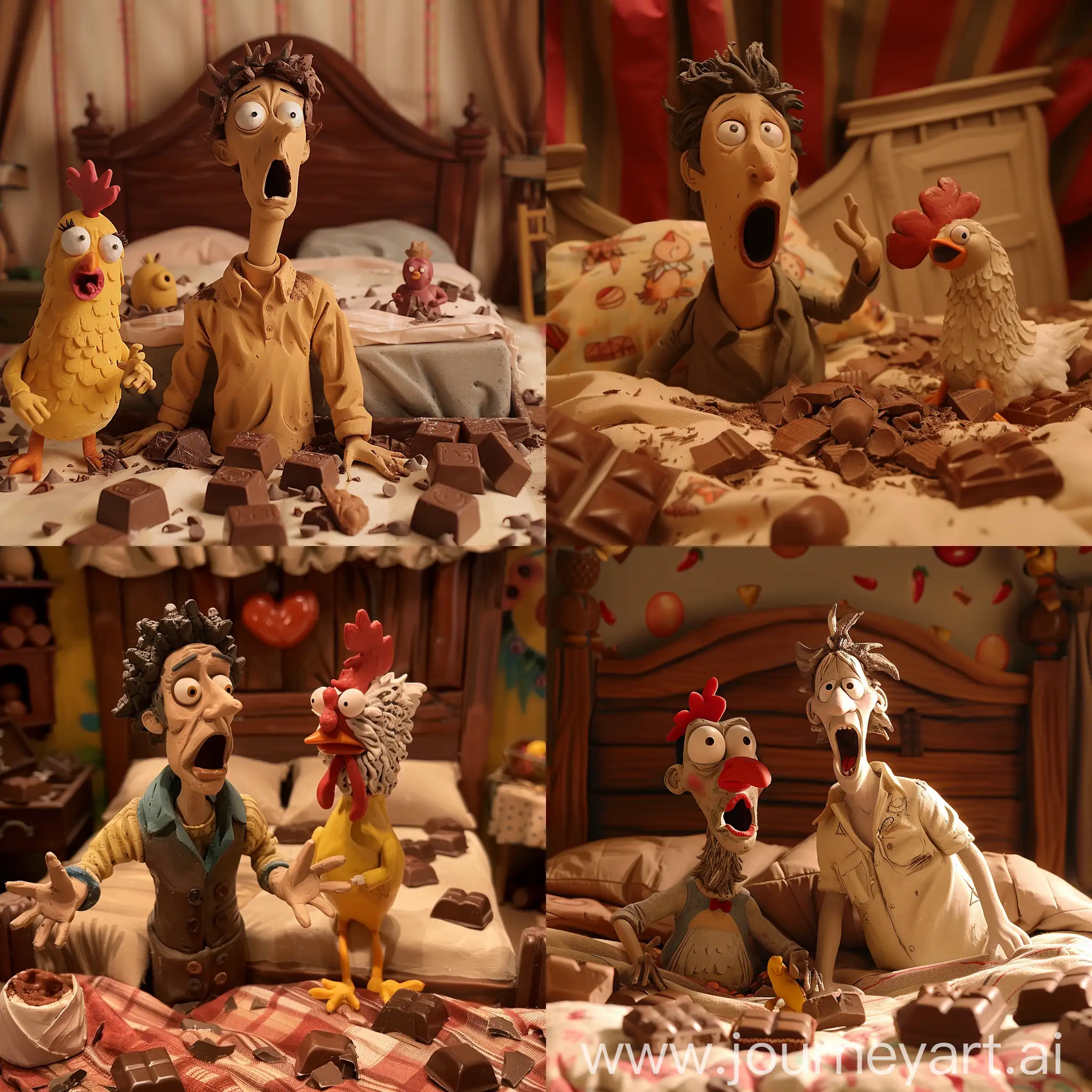 Mr. Tumnus looking shocked, with a Chicken Run character on his bed looking in love, both in the bedroom surrounded by chocolates, in claymation