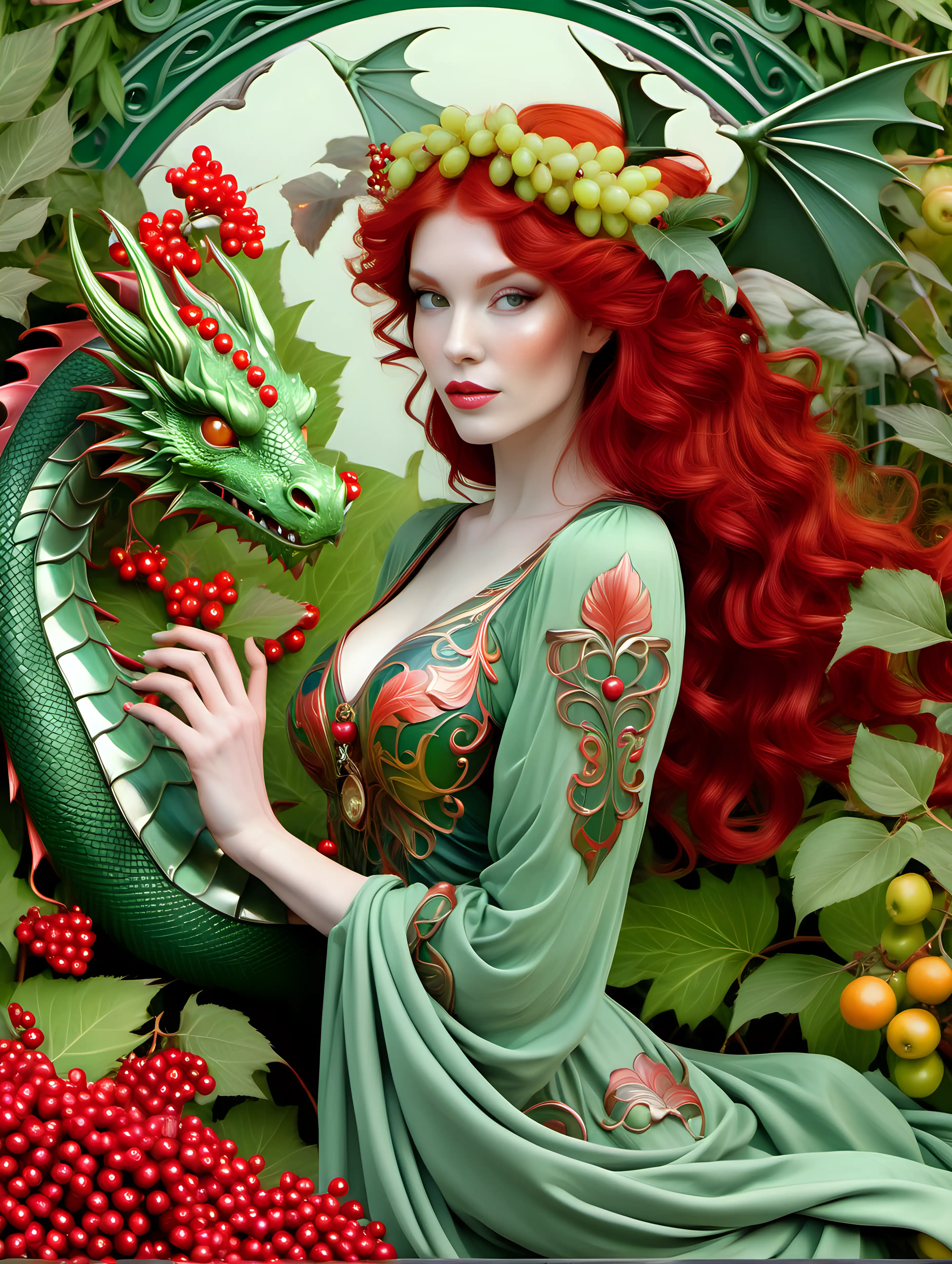 green dragon and beautiful woman red hairs  in a garden, red berries, colorful fruits, flowers, birds,  elegant, Art nouveau style, high resolution    