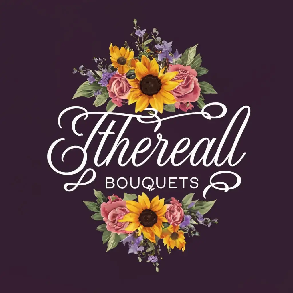 a logo design,with the text "Ethereal Bouqets", main symbol:Cursive old english with sunflowers and roses and purple,complex,be used in Retail industry,clear background