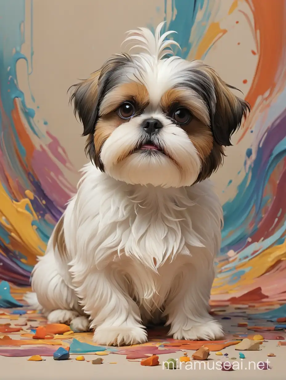 art movement focused on emotional impact through free-flowing shapes and colors, often without depicting real objects, with tiny shih tzu sitting on the foreground