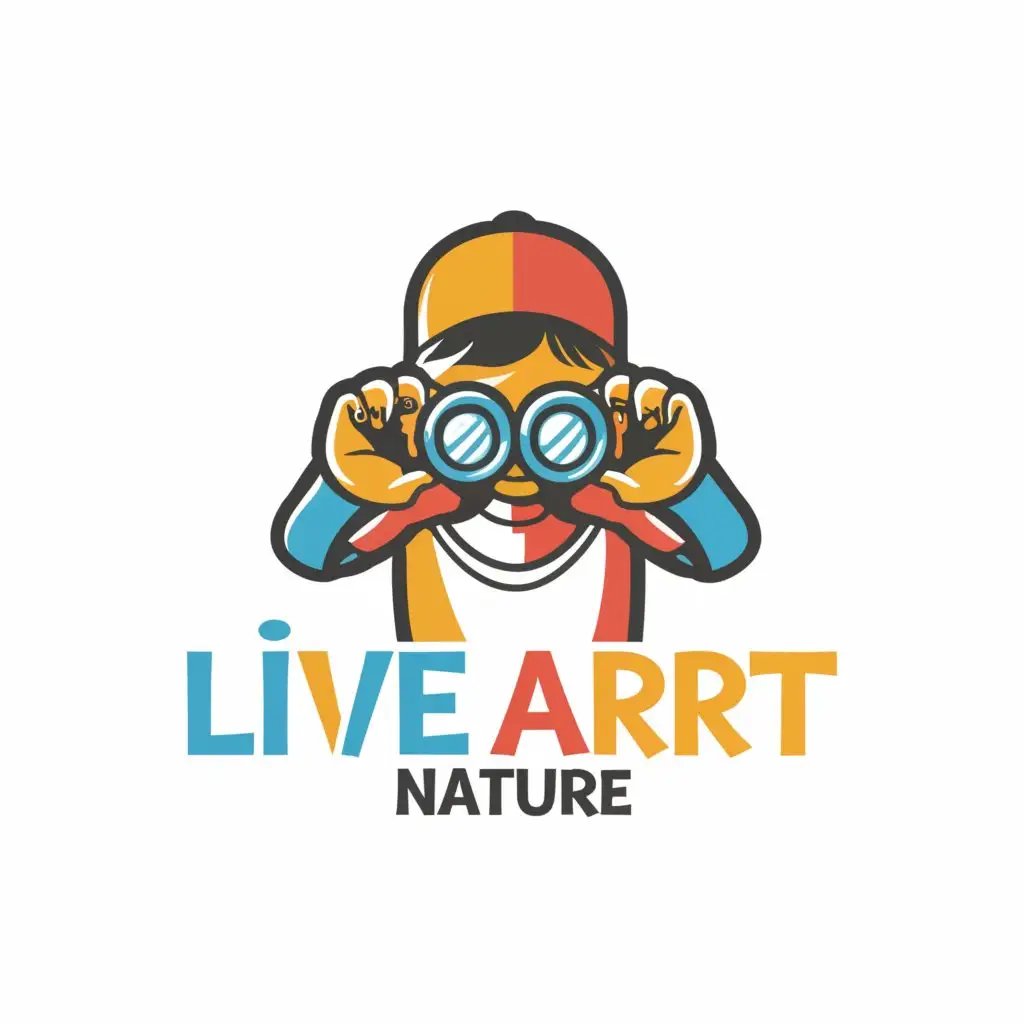 a logo design,with the text "liveart nature", main symbol:a child, wearing a hat，holding binoculars in both hands, positive vector, the shape of the child's hand happens to be the lens of the telescope.,Moderate,clear background